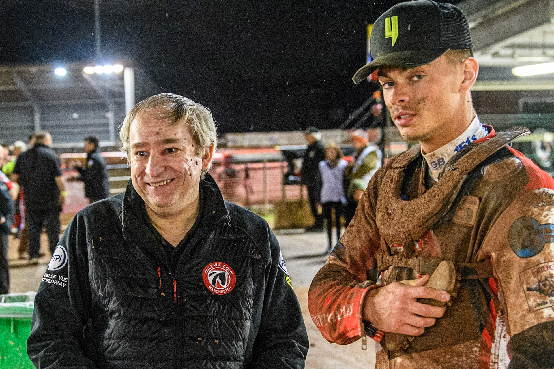 Belle Vue Colts' Joint Team Manager Graham Goodwin (Left) with Belle Vue Colts' Freddy Hodder during the WSRA National Development League match between Belle Vue Colts and Sheffield Tiger Cubs at the National Speedway Stadium, Manchester on Monday 7th October 2024. (Photo: Ian Charles | MI News)