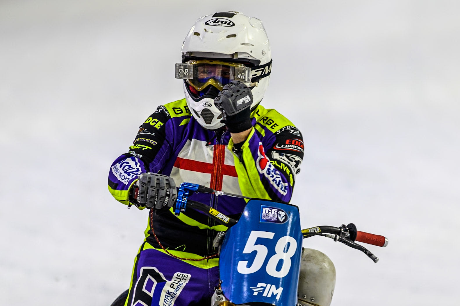 Paul Cooper of Great Britain celebrates his first ever win in his debut Ice Speedway meeting during the Roelof Thijs Bokaal at Ice Rink Thialf, Heerenveen, The Netherlands on Friday 5th April 2024. (Photo: Ian Charles | MI News)