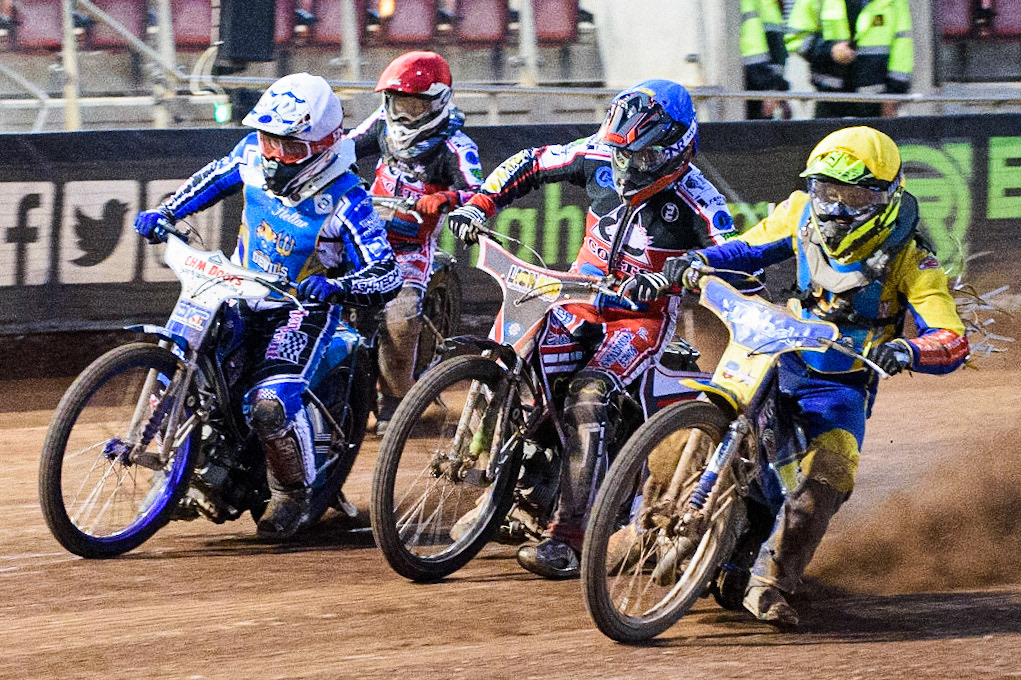 MANCHESTER, UK. AUGUST 20TH  George Rothery  (Yellow) inside Jack Parkinson-Blackburn  (Blue) Danny Phillips  (White) with Sam McGurk  (Red) behind during the National Development League match between Belle Vue Aces and Armadale Devils at the National Speedway Stadium, Manchester on Friday 20th August 2021. (Credit: Ian Charles | MI News)