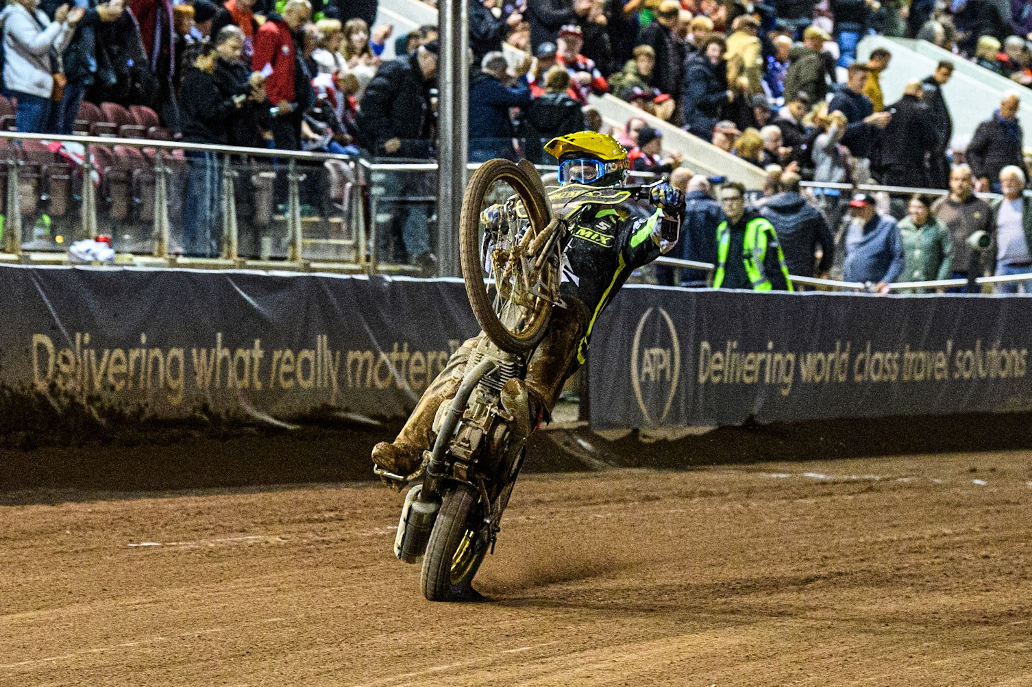 A celebration wheelie by Jason Doyle during the Sports Insure Premiership Semi Final Playoff 2nd leg match between Belle Vue Aces and Ipswich Witches at the National Speedway Stadium, Manchester on Monday 25th September 2023. (Photo: Ian Charles | MI News)