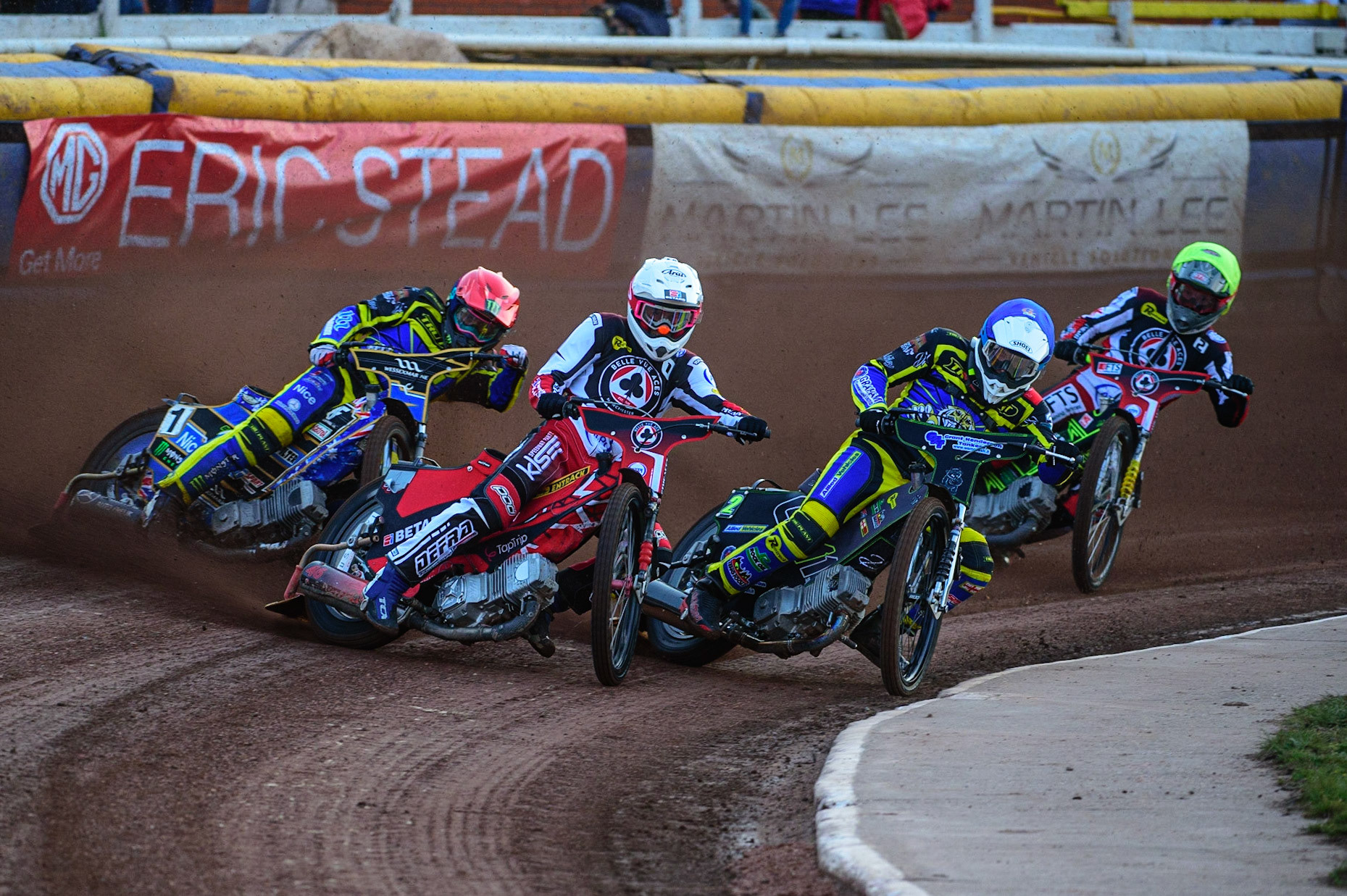 SHEFFIELD, UK. APR 14TH    Max Fricke  (White) leads Jack Holder  (Red) and Craig Cook (Blue) and Jye Etheridge  (Yellow) during the SGB Premiership League Cup match between Sheffield Tigers and Belle Vue Aces at Owlerton Stadium, Sheffield on Thursday 14th April 2022. (Credit: Ian Charles | MI News)