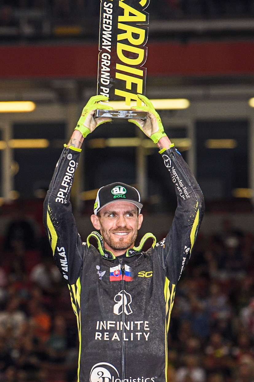 British Grand Prix Winner Martin Vaculik holds his trophy aloft during the FIM Speedway Grand Prix of Great Britain at the Principality Stadium, Cardiff on Saturday 2nd September 2023. (Photo: Ian Charles | MI News)