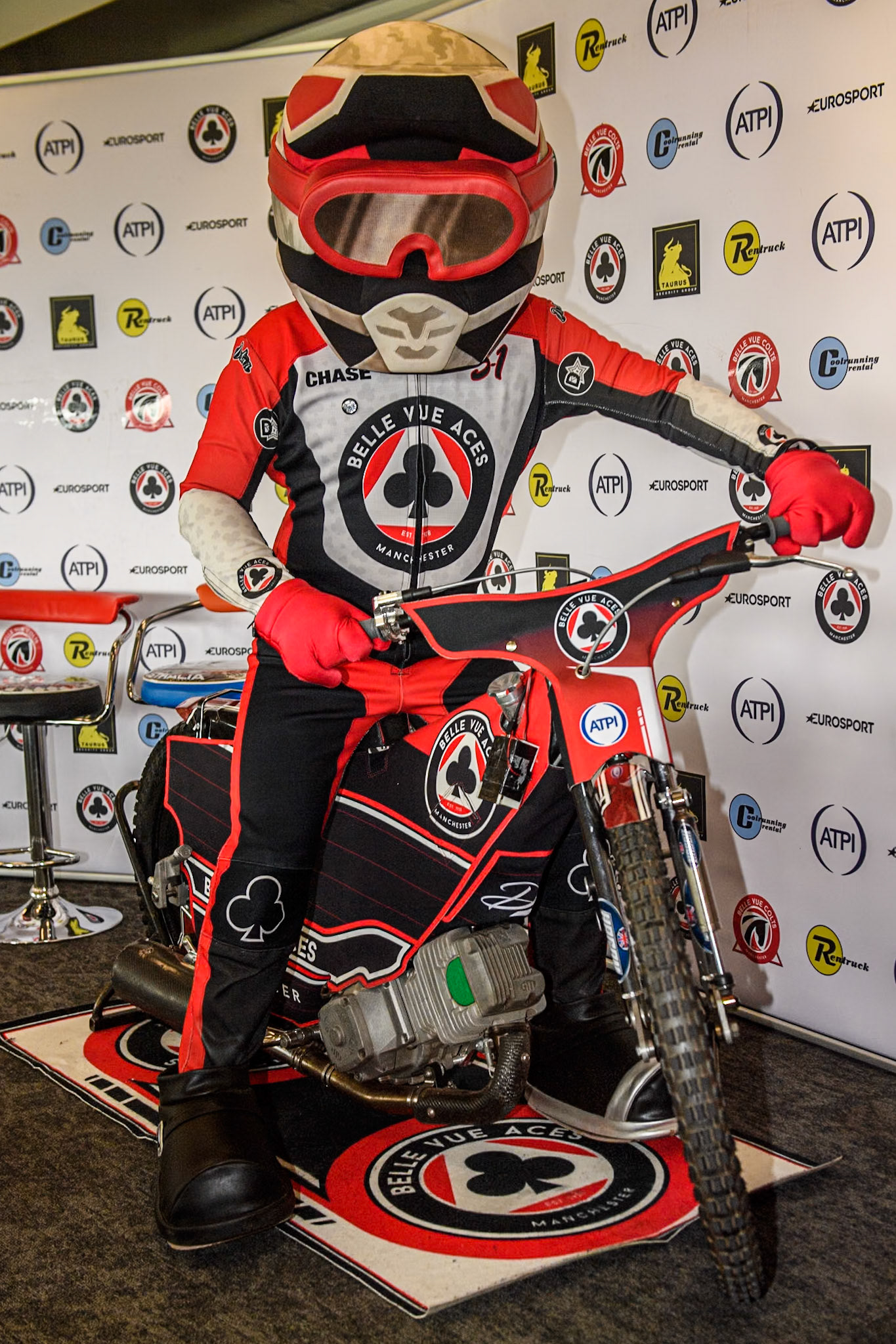 Belle Vue ATPI Aces mascot Chase The Ace during the Rowe Motor Oil Premiership match between Belle Vue Aces and Sheffield Tigers at the National Speedway Stadium, Manchester on Monday 27th May 2024. (Photo: Ian Charles | MI News)