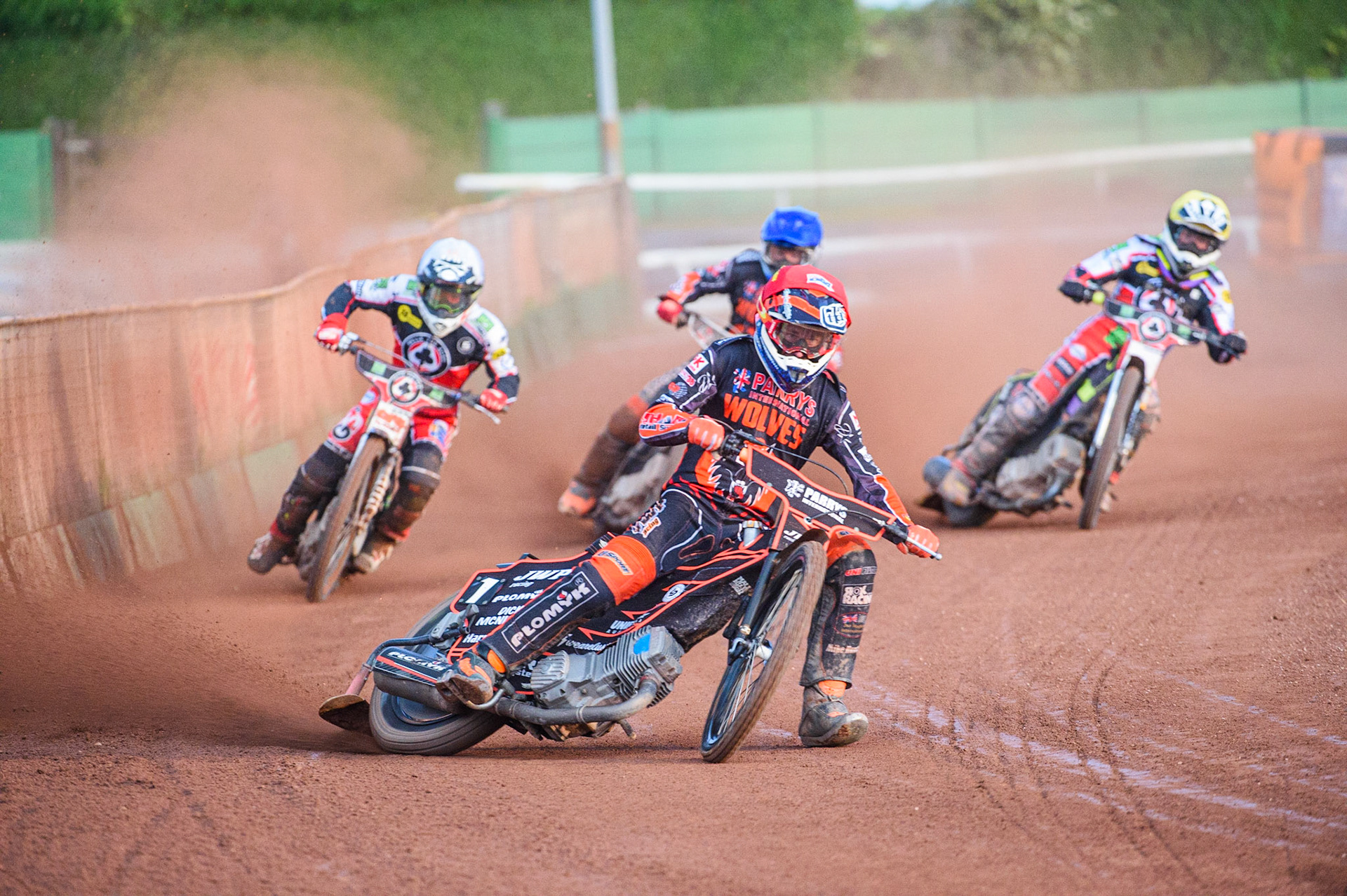 WOLVERHAMPTON, UK. JULY 26TH  Sam Masters  (Red) leads Broc Nicol  (Blue), Dan Bewley (White) and Tom Brennan  (Yellow) during the SGB Premiership match between Wolverhampton Wolves and Belle Vue Aces at the Ladbroke Stadium, Wolverhampton on Monday 26th July 2021. (Credit: Ian Charles | MI News)