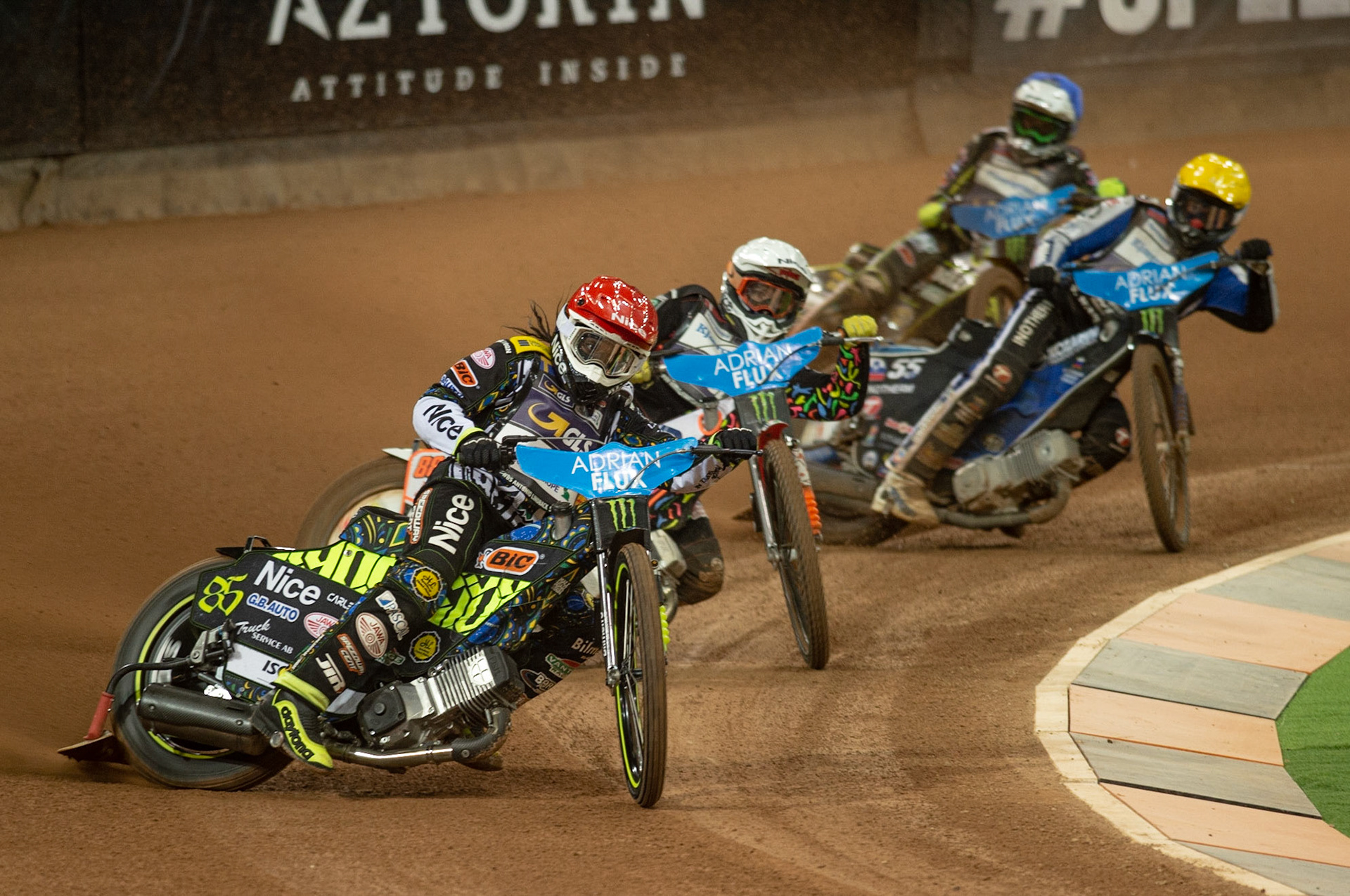 CARDIFF,WALES  Antonio Lindback (Red) leads Niels-Kristian Iversen (White), Matej Zagar (Yellow) and Martin Vaculik (Blue)  during the ADRIAN FLUX BRITISH FIM SPEEDWAY GRAND PRIX at the Principality Stadium, Cardiff on Saturday 21st September 2019. (Credit: Ian Charles | MI News)
