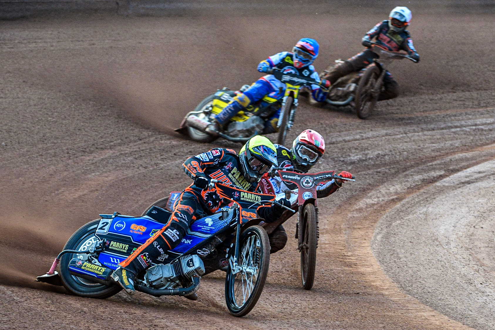 Steve Worrall (Yellow) leads Dan Bewley (Red) and Paco Castagna (Blue) and Sam Masters (White) during the Sports Insure Premiership Knock Out Cup Quarter Final 2nd Leg between Belle Vue Aces and Wolverhampton Wolves at the National Speedway Stadium, Manchester on Thursday 18th May 2023. (Photo: Ian Charles | MI News)