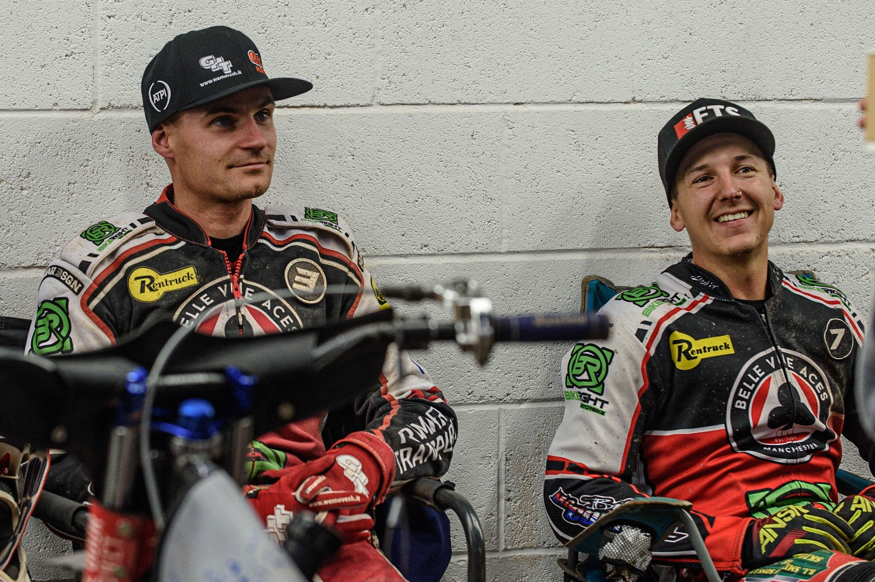 MANCHESTER, UK. AUGUST 23RD    Steve Worrall  (left) and Jye Etheridge  during the interval during the SGB Premiership match between Belle Vue Aces and King's Lynn Stars at the National Speedway Stadium, Manchester on Monday 23rd August 2021. (Credit: Ian Charles | MI News)