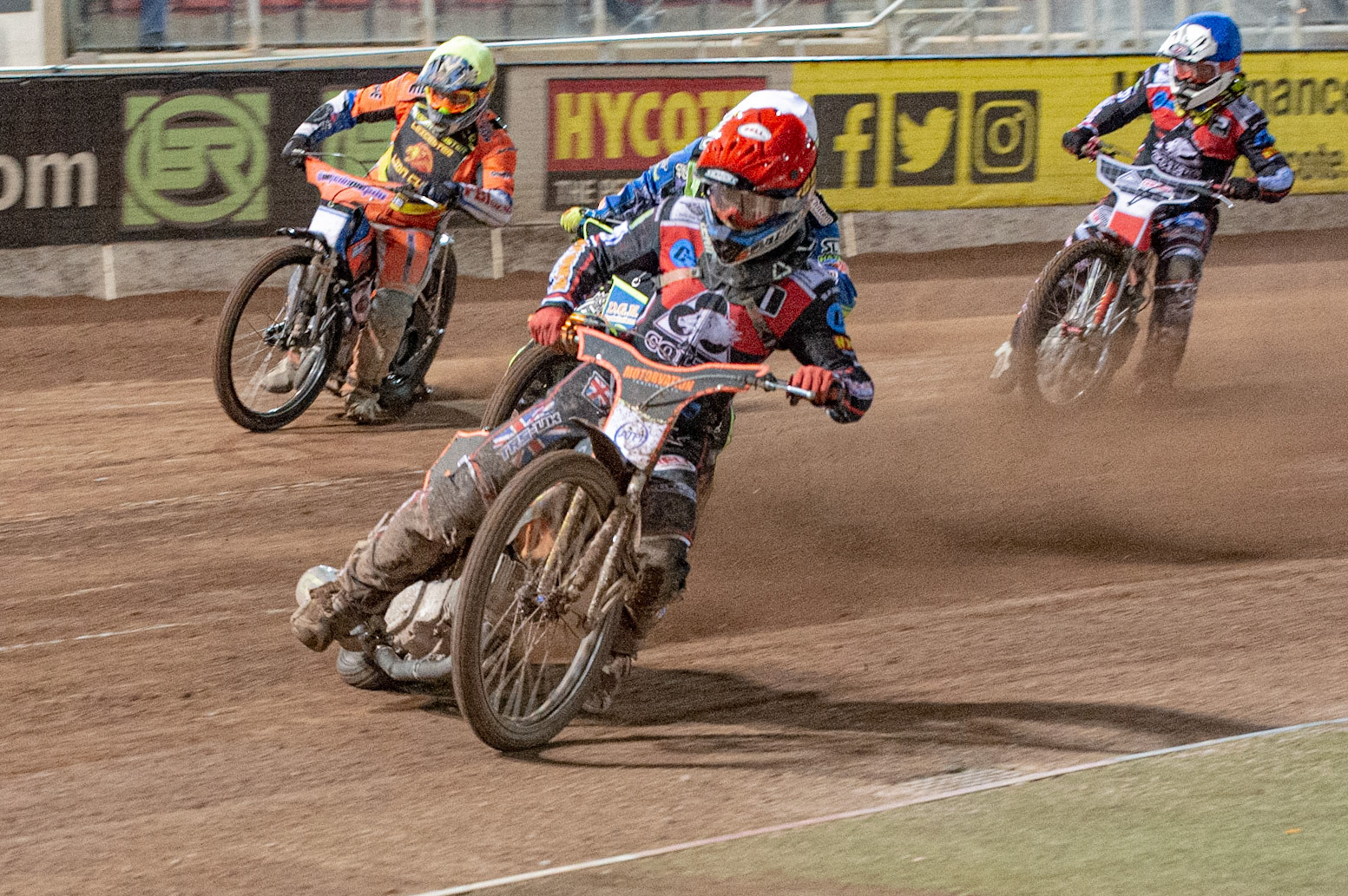 Photo: Ian Charles

Belle Vue Colts  Jordan Palin  (Red) leads Danyon Hume  (White) Josh Embleton  (Yellow) and Danny Phillips  (Blue)

Belle Vue Colts v Leicester Lion Cubs, SGB National League KO Cup Final (2nd Leg), Belle Vue National Speedway Stadium, Manchester, Tuesday 29  October  2019