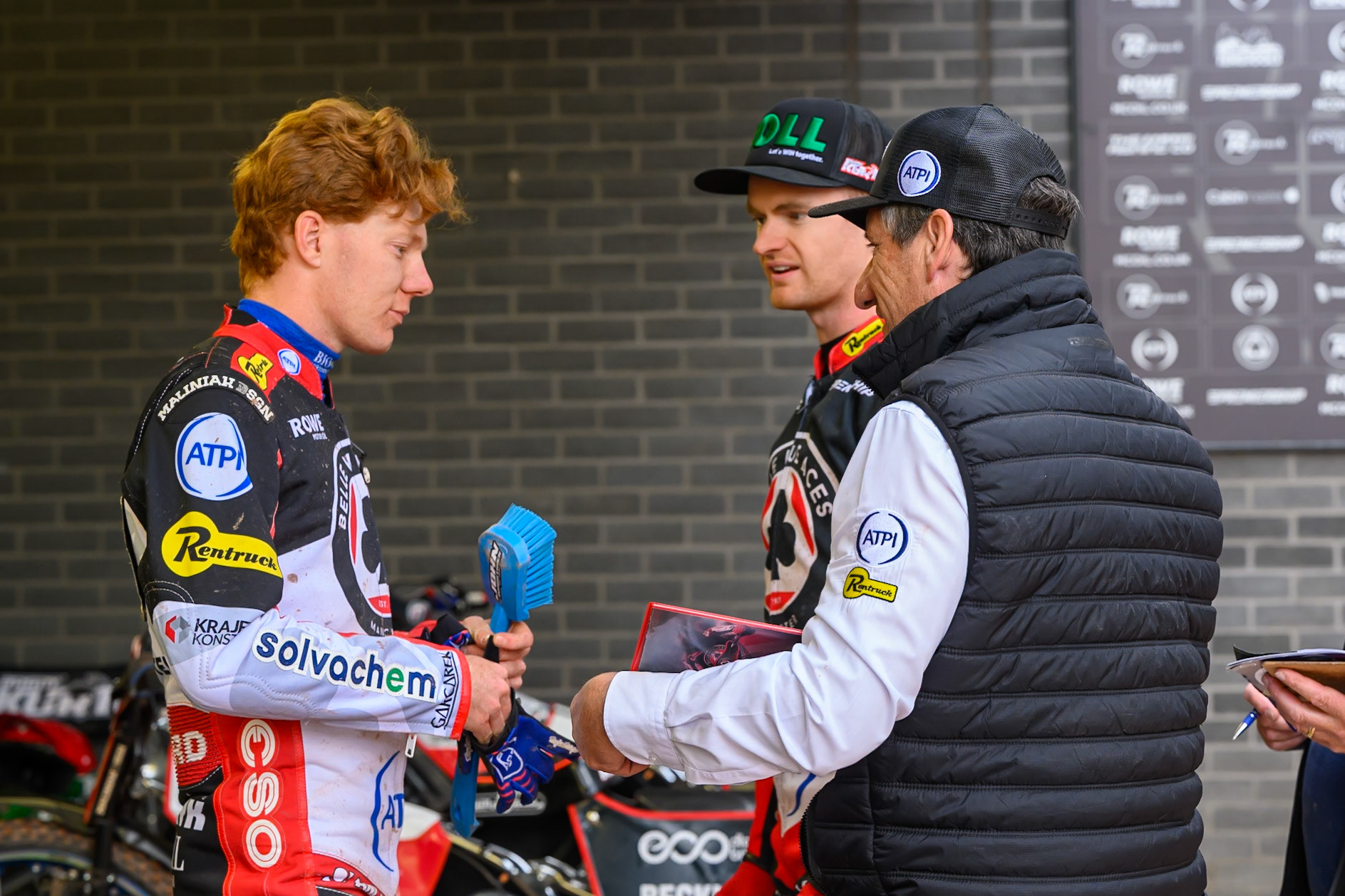 (L to R)Dan Bewley of Belle Vue Aces, Brady Kurtz of Belle Vue Aces and \bvm discuss the final heat during the Rowe Motor Oil Premiership match between Belle Vue Aces and Northampton Foxes at the National Speedway Stadium, Manchester on Monday 4th May 2026. (Photo: Ian Charles | MI News)