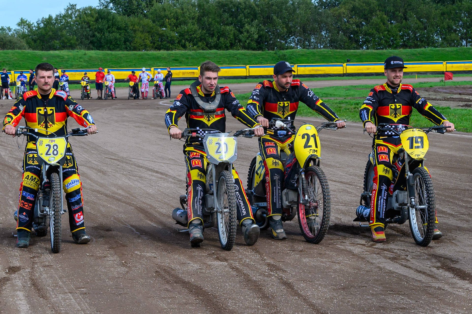 Team Germany: (L to R) Fabian Wachs (28), Timo Wachs (20), Dominik Werkstetter (21) and Lukas Fienhage (19)  during the FIM Long Track of Nations 2026 at the Speed Centre Roden in the Netherlands on Sunday 20th September 2026. (Photo: Ian Charles | MI News)