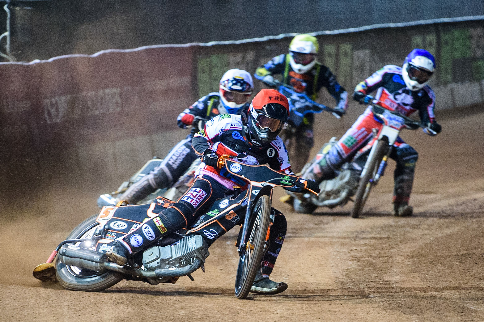 MANCHESTER, SEPT 3RD. Jack Smith  (Red) leads Sam Hagon  (White), Luke Ruddick  (Yellow) and Paul Bowen  (Blue) during the National Development League match between Belle Vue Aces and Mildenhall Fens Tigers at the National Speedway Stadium, Manchester on Friday 3rd September 2021. (Credit: Ian Charles | MI News)