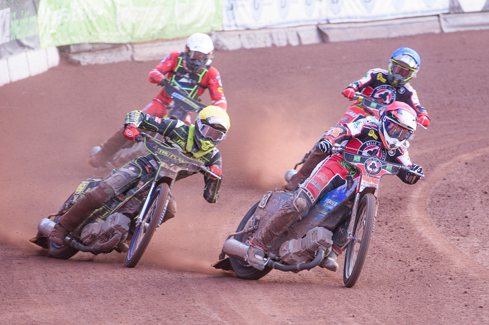 MANCHESTER, UK. JUNE 7TH   Steve Worrall  (Red) inside Drew Kemp  (Yellow) with Charles Wright  (Blue) and Craig Cook  (White) behind during the SGB Premiership match between Belle Vue Aces and Ipswich Witches at the National Speedway Stadium, Manchester on Monday 7th June 2021. (Credit: Ian Charles | MI News)