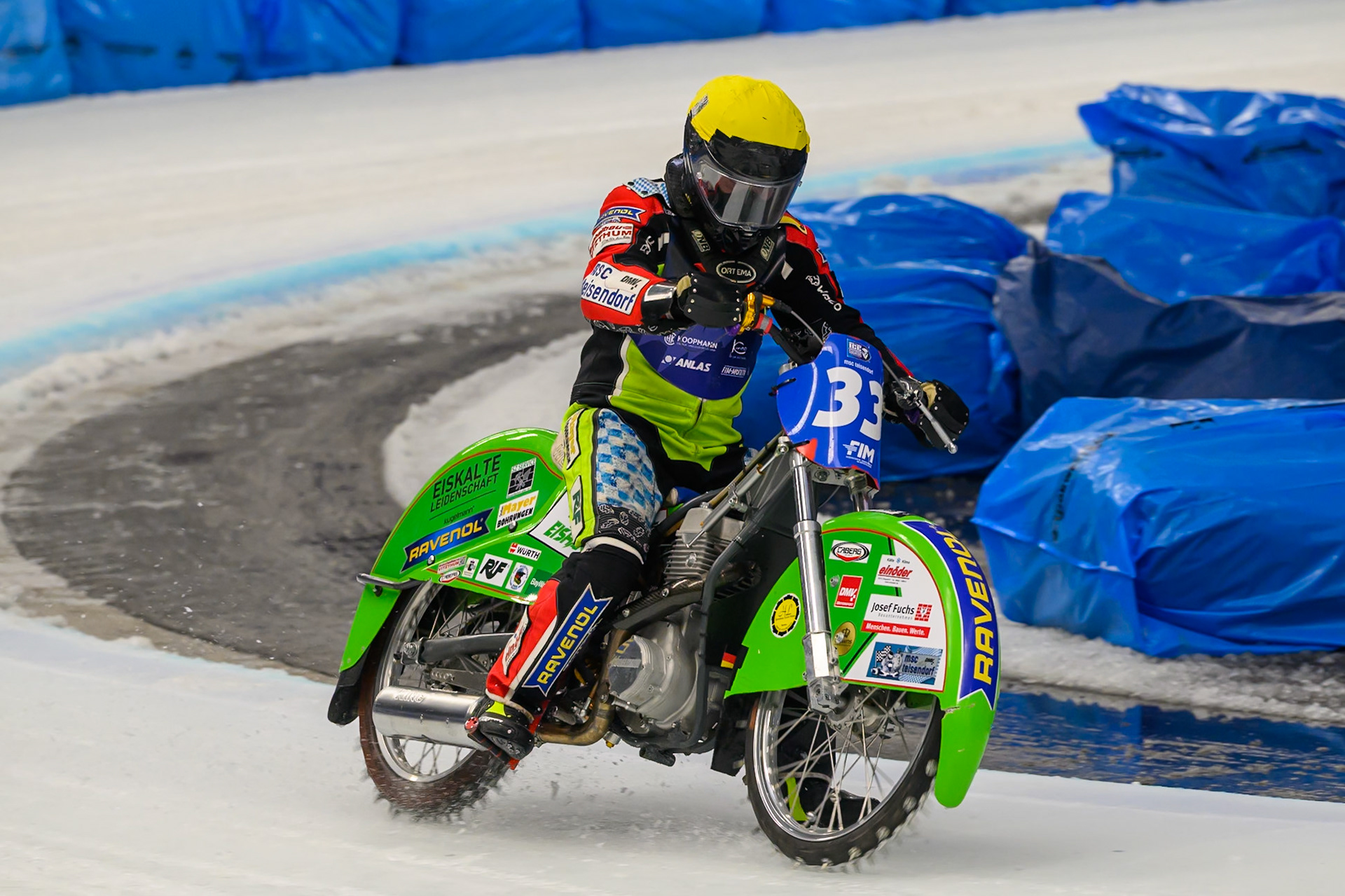 Johann Weber (33) of Germany  pulls up with engine problems during the Ice Speedway Gladiators World Championship Final 2 at Max-Aicher-Arena, Inzell on Sunday 15th March 2026. (Photo: Ian Charles | MI News)