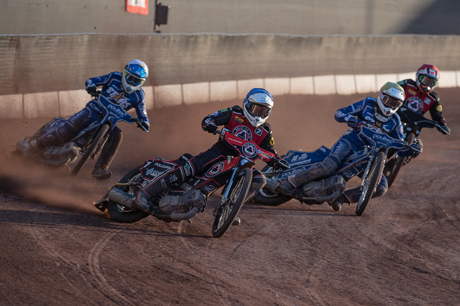Photo: Ian Charles

\​Jaimon Lidsey​  (Blue) leads Kasper Andersen  (Yellow) Lewis Kerr  (White) and ​Ricky Wells​​  (Red)

Belle Vue Aces v Kings Lynn Stars, British Speedway Premiership, Belle Vue National Speedway Stadium, Manchester, Thursday 16  May  2019