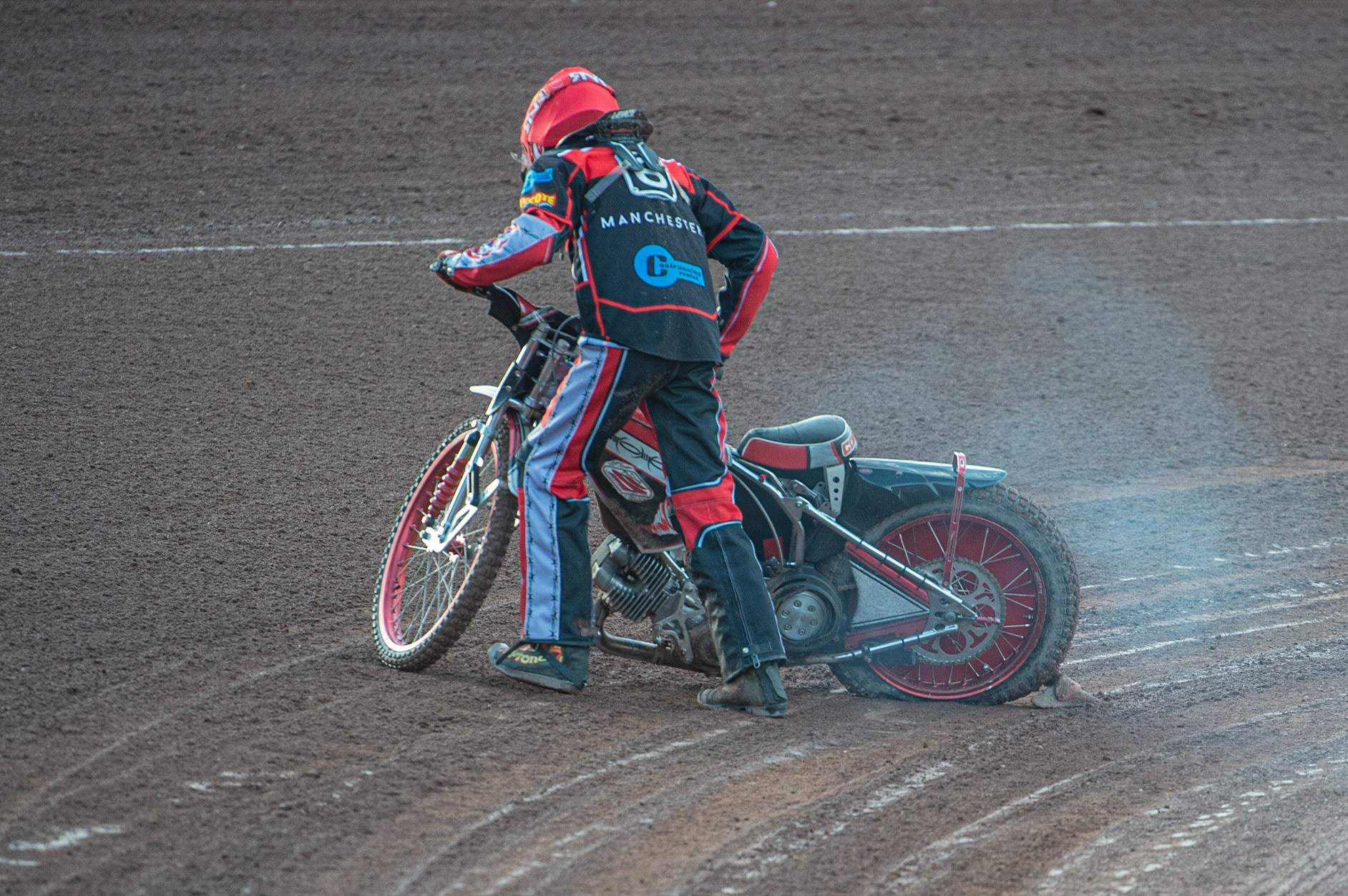 Photo: Ian Charles

Connor Bailey  suffers a puncture after winning his opening heat 

Belle Vue Colts v Isle Of Wight Warriors, SGB National League KO Cup Quarter Final 1st Leg, Belle Vue National Speedway Stadium, Manchester, Monday 22  July  2019