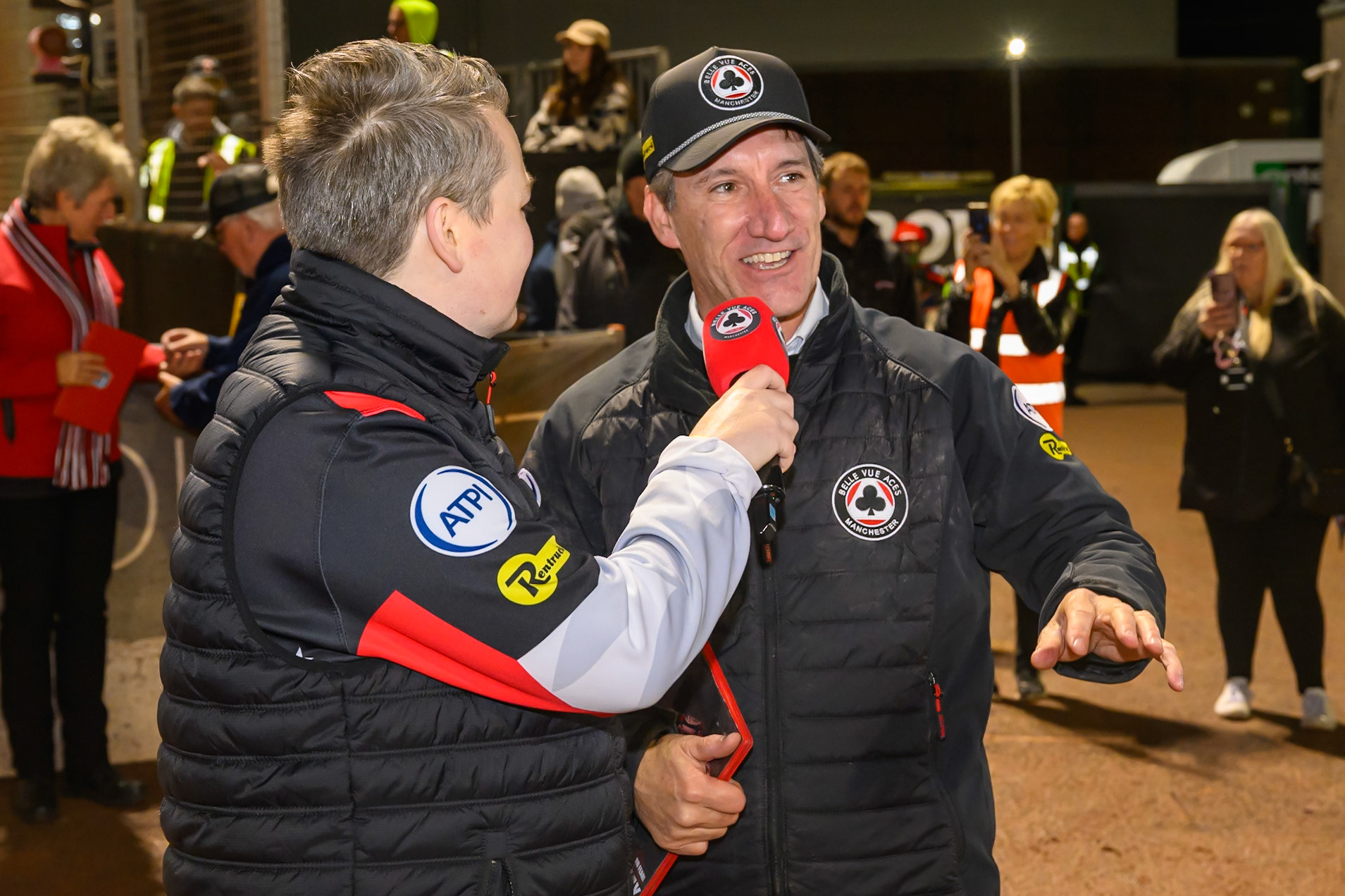 Belle Vue Presenter Lee Wild interviews an ecstatic Mark Lemon, Team Manager of Belle Vue Aces during the Rowe Motor Oil Premiership Grand Final 2nd Leg between Belle Vue Aces and Sheffield Tigers at the National Speedway Stadium, Manchester on Friday 16th October 2026. (Photo: Ian Charles | MI News)