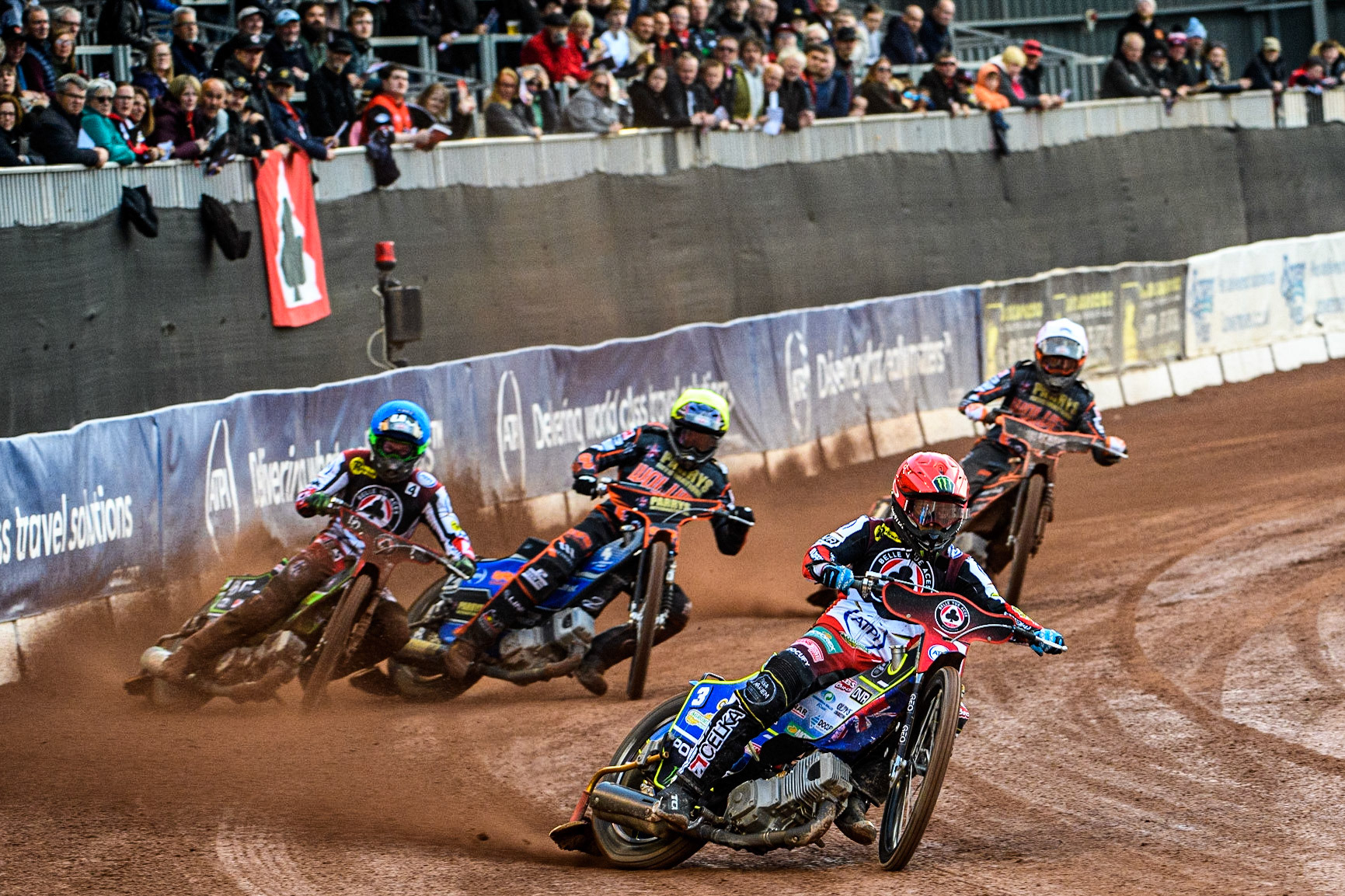 Jaimon Lidsey (Red) leads Sam Masters (White) Steve Worrall (Yellow) and Charles Wright (Blue) during the Sports Insure Premiership Knock Out Cup Quarter Final 2nd Leg between Belle Vue Aces and Wolverhampton Wolves at the National Speedway Stadium, Manchester on Thursday 18th May 2023. (Photo: Ian Charles | MI News)