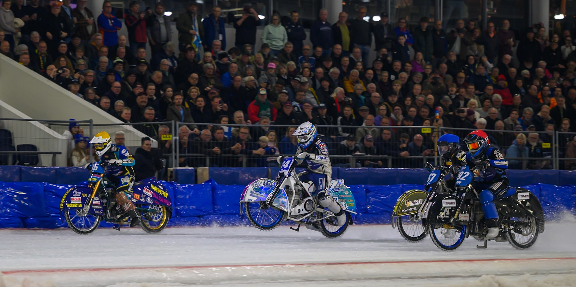 Final Start: (L to R) Luca Bauer (85) of Italy/Germany  in Yellow, Max Koivula (24) of Finland  in White Heikki Huusko (67) of Finland in Blue and Niclas Svensson (192) of Sweden  in Red during the FIM Ice Speedway Gladiators World Championship Final 3 at Ice Rink Thialf, Heerenveen on Saturday 11th April 2026. (Photo: Ian Charles | MI News)