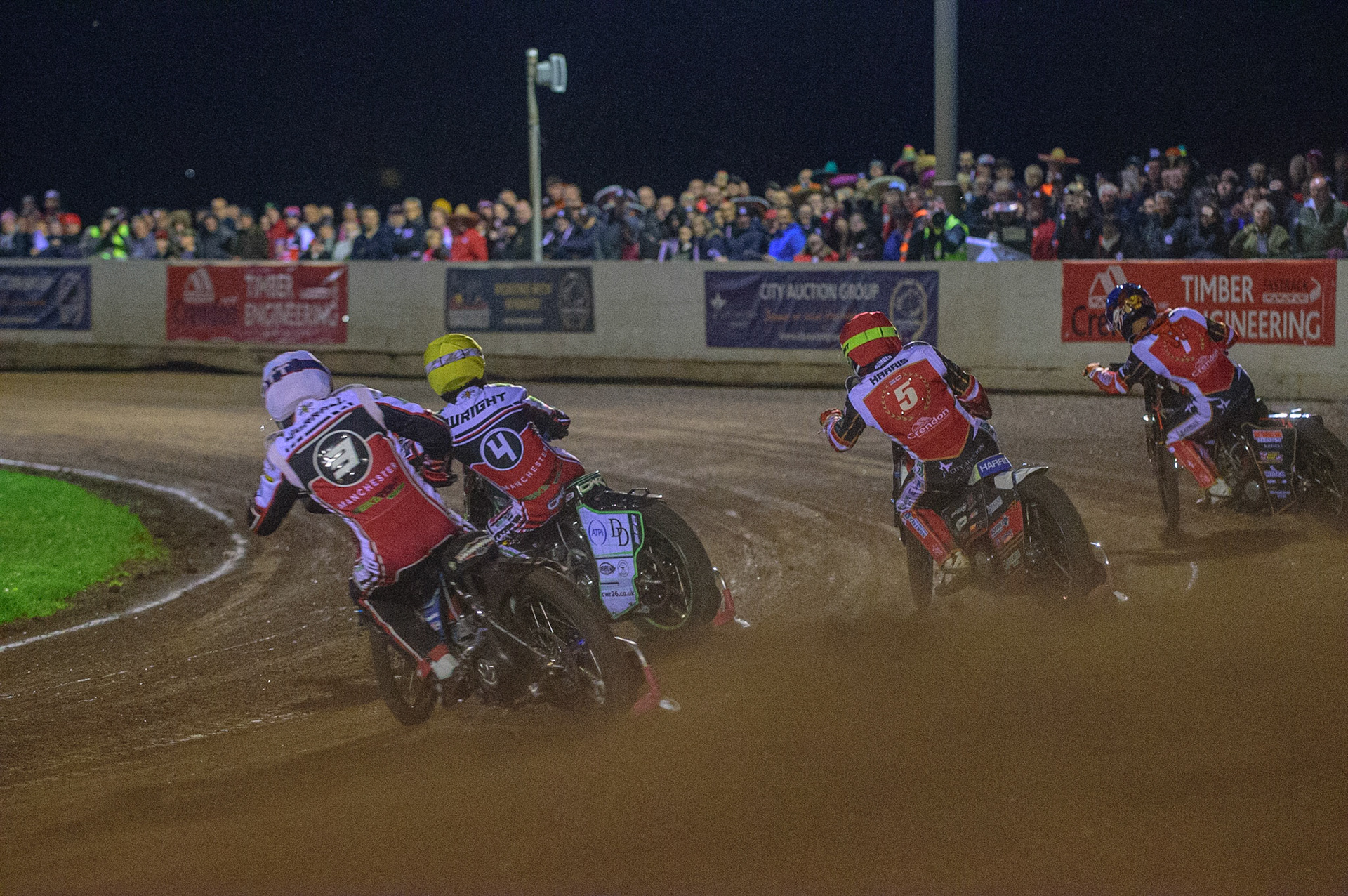 PETERBOROUGH, UK. OCT 14TH Steve Worrall  (White) and Charles Wright  (Yellow) chase Chris Harris  (Red) and Jordan Palin  (Blue) during the SGB Premiership Grand Final 2nd leg between Peterborough and Belle Vue Aces at East of England Showground, Peterborough on Thursday 14th October 2021. (Credit: Ian Charles | MI News)