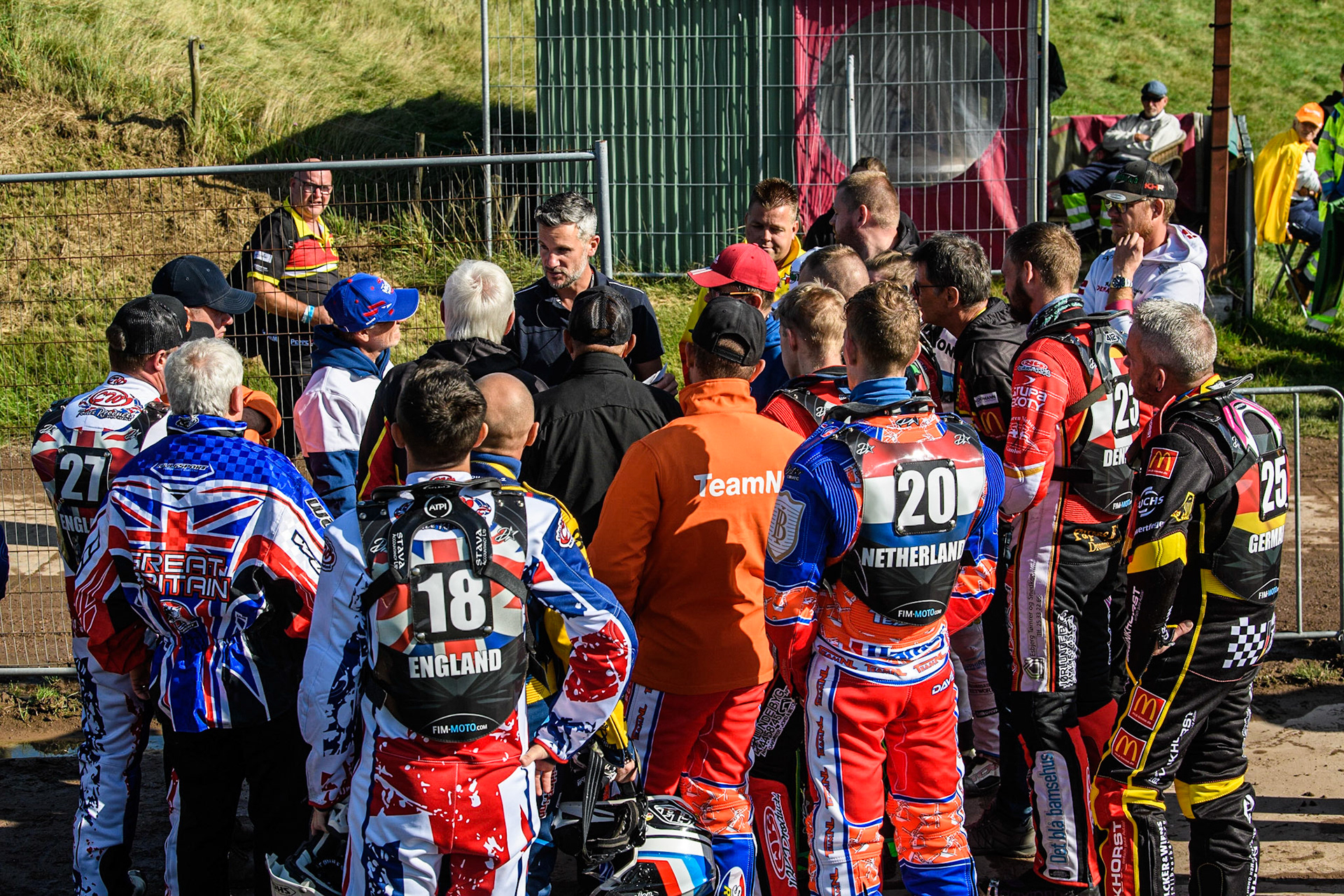 Riders and managers briefing because of the track problems prior to practice during the FIM Long Track Of Nations event at the Speed Centre Roden on Sunday 24th September 2023. (Photo: Ian Charles | MI News)