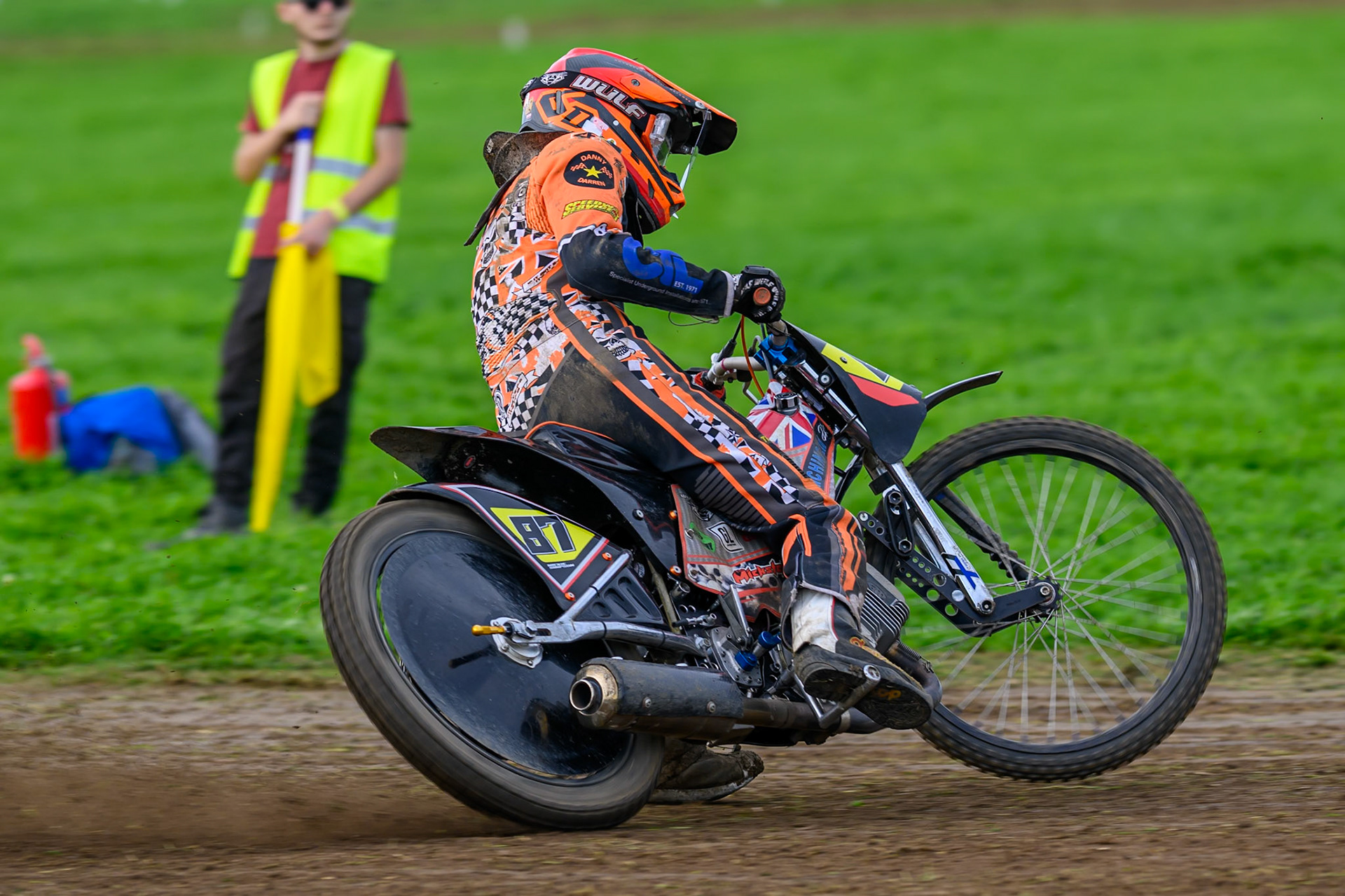 British Masters (Solos): Mickie Simpson (87) during the British Masters Grasstrack Championship at Lower Marsh Farm, Much Hoole, Preston in Lancashire, England on Sunday 13th September 2026. (Photo: Ian Charles | MI News)