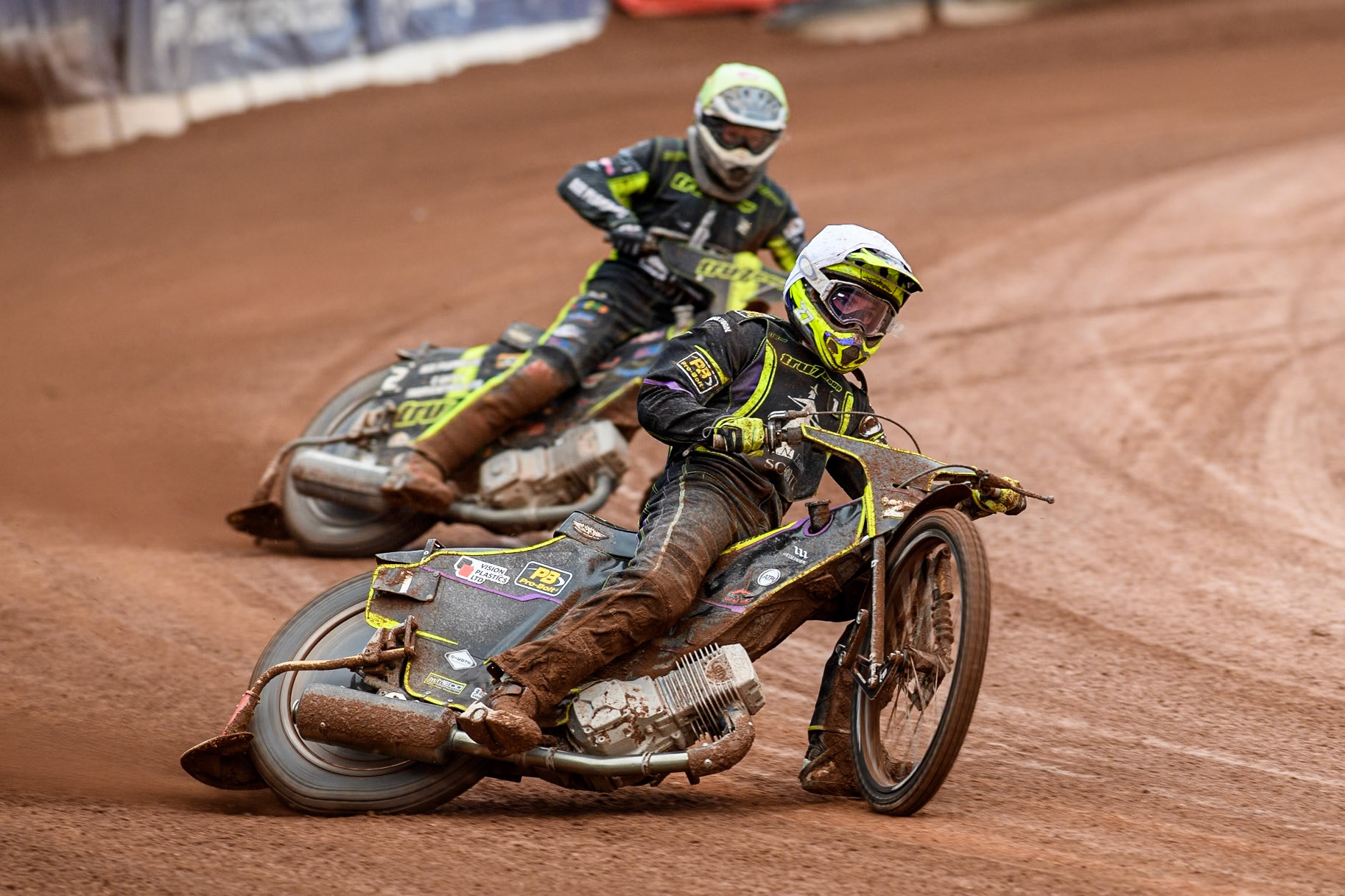 Ipswich Witches' Guest Rider Tom Brennan  in White leading team mate Ipswich Witches' Dan Thompson during the Rowe Motor Oil Premiership match between Belle Vue Aces and Ipswich Witches at the National Speedway Stadium, Manchester on Monday 1st July 2024. (Photo: Ian Charles | MI News)