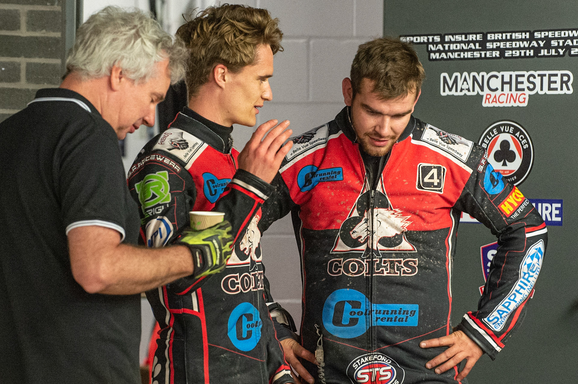Photo: Ian Charles

Ben Rathbone  (left) chats with Danny Phillips about their last heat

Belle Vue Colts v Cradley Heathens, SGB National League, Belle Vue National Speedway Stadium, Manchester, Thursday 29  August  2019