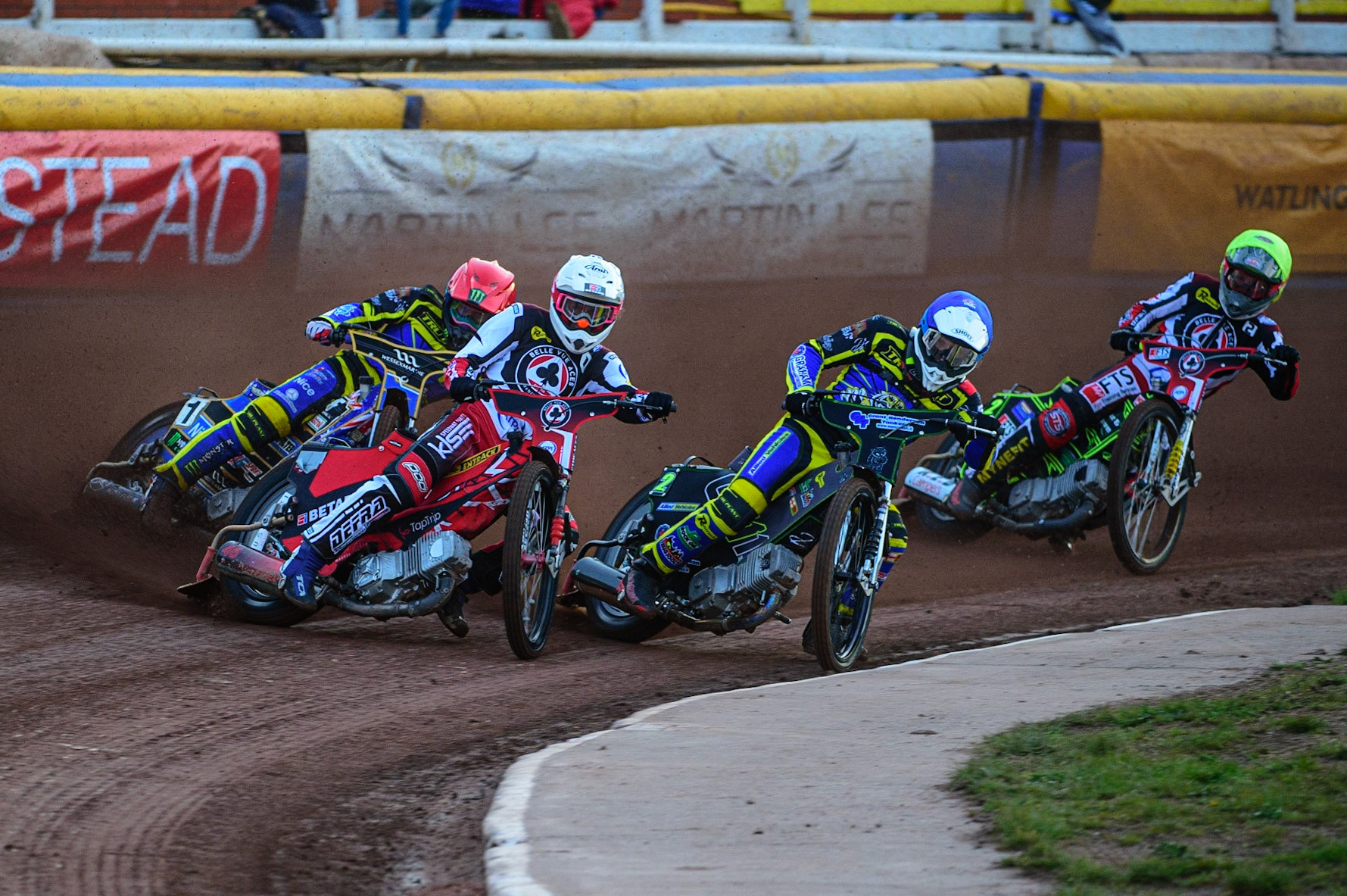 SHEFFIELD, UK. APR 14TH    Max Fricke  (White) leads Jack Holder  (Red) and Craig Cook (Blue) and Jye Etheridge  (Yellow) during the SGB Premiership League Cup match between Sheffield Tigers and Belle Vue Aces at Owlerton Stadium, Sheffield on Thursday 14th April 2022. (Credit: Ian Charles | MI News)