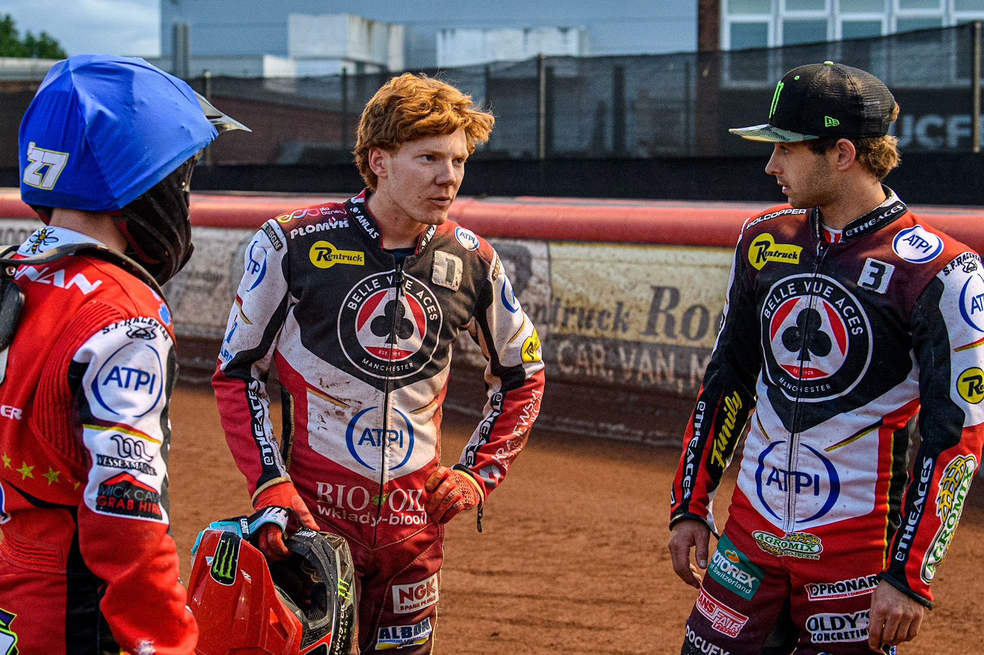 (l - r) Tom Brennan, Dan Bewley and Jaimon Lidsey after Dan’s fall during the Sports Insure Premiership match between Belle Vue Aces and Ipswich Witches at the National Speedway Stadium, Manchester on Monday 17th July 2023. (Photo: Ian Charles | MI News)