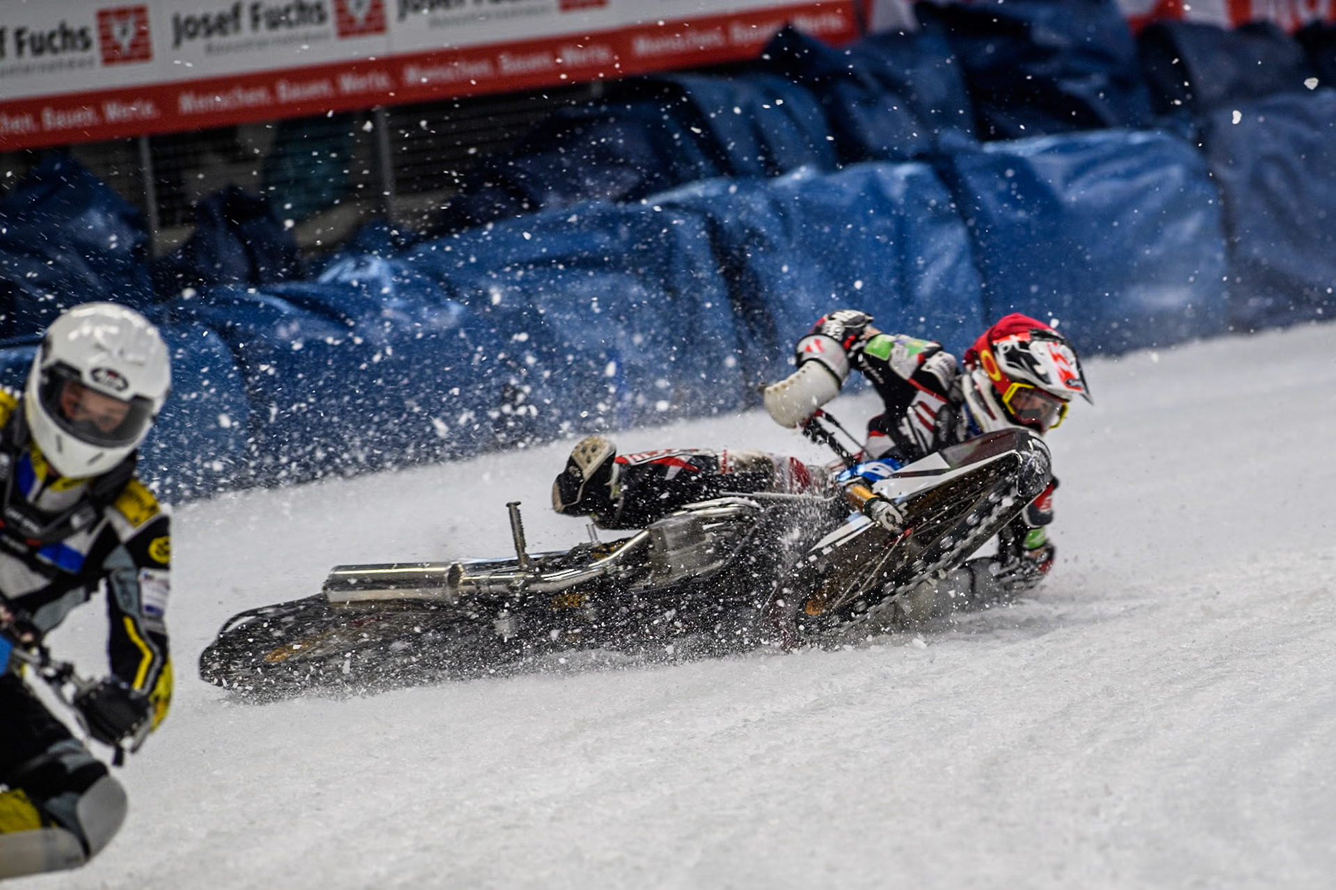 Austria's Charly Ebner (665) spins off during the FIM Ice Speedway Gladiators World Championship Final 2 at the Max-Aicher-Arena, Inzell on Sunday 24 March 2024. (Photo: Ian Charles | MI News)