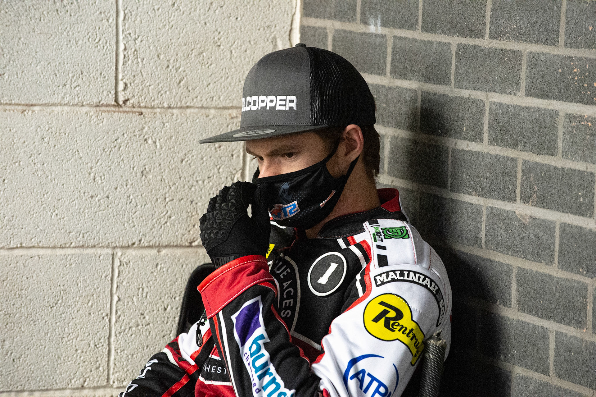 Photo: Ian CharlesBrady Kurtz of Belle Vue 'BikeRight' Aces adjusts his maskBelle Vue ‘Bikerite ’Aces v ‘ATPI’ All Stars, Premiership Challenge, National Speedway Stadium, Manchester Thursday  24  September  2020