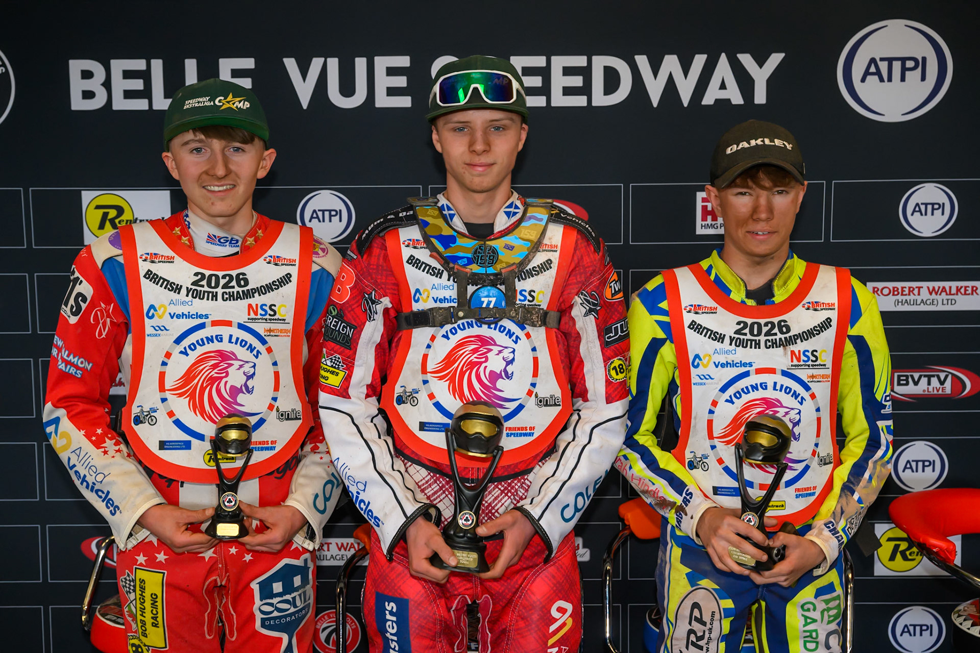 BRITISH YOUTH CHAMPIONSHIP (500cc): Top3: (L to R) Ollie Binns (91) (3rd, Stene Pijper (159) (1st), Harry Fletcher (23) (2nd) during the British Youth Speedway Championship &amp; JR Ashworth &amp; Sons Colts Individual at the National Speedway Stadium, Manchester on Sunday 10th May 2026. (Photo: Ian Charles | MI News)