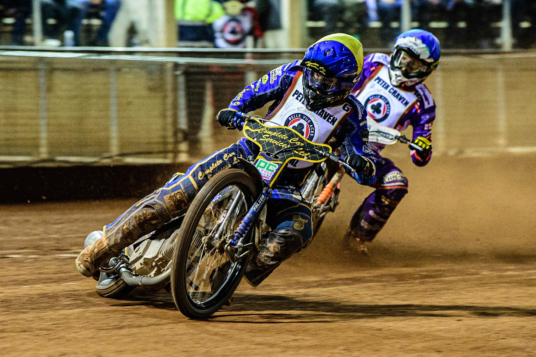 Kyle Howarth  (Yellow) leads Niels-Kristian Iversen  (Blue) during the Peter Craven Memorial Trophy  at the National Speedway Stadium, Manchester on Monday 3rd April 2023. (Photo: Ian Charles | MI News)