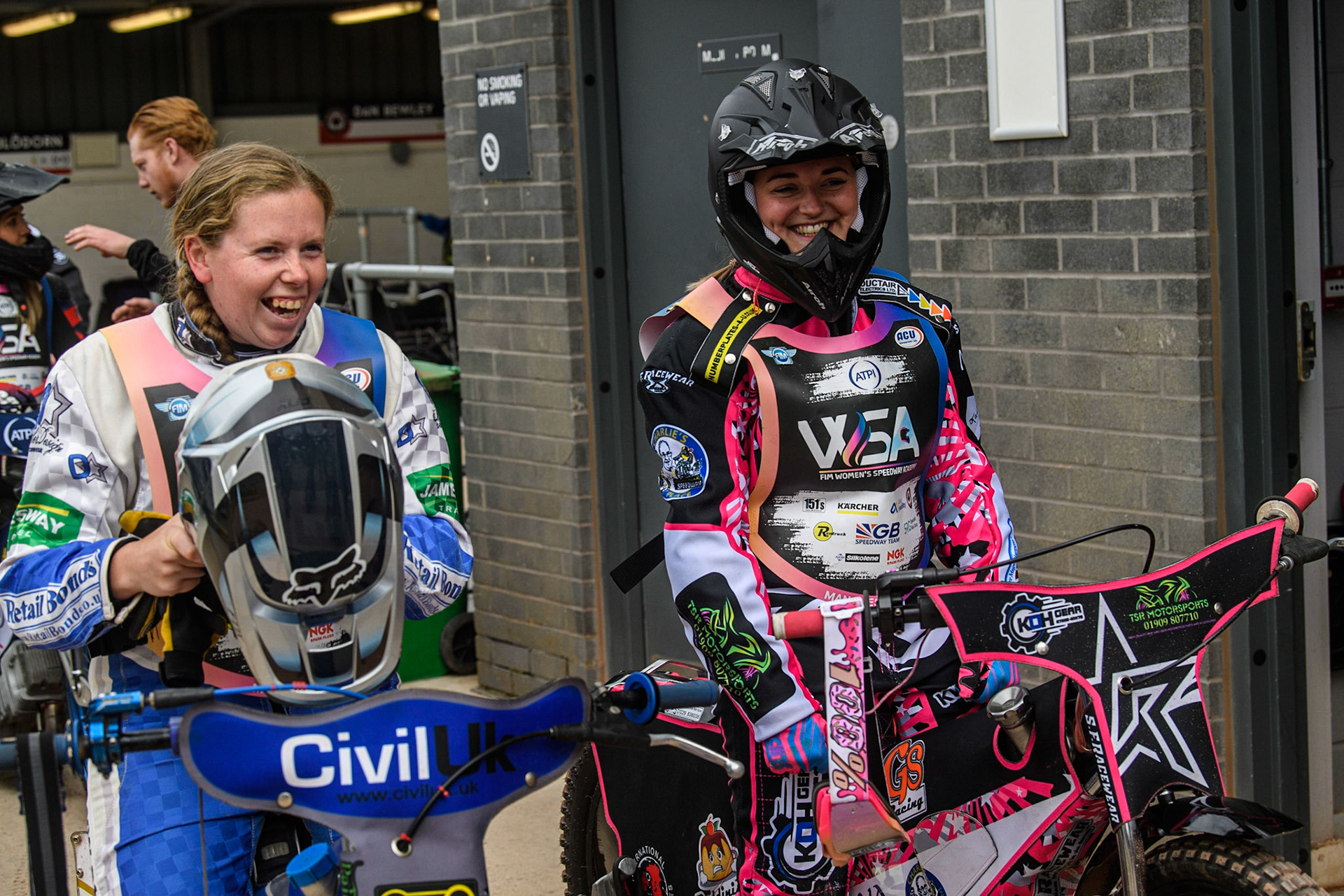 Wendy McAllan (left) and Rachel Hellowell share a joke during the FIM Women's  Speedway Academy at the National Speedway Stadium, Manchester on Friday 4th August 2023. (Photo: Ian Charles | MI News)