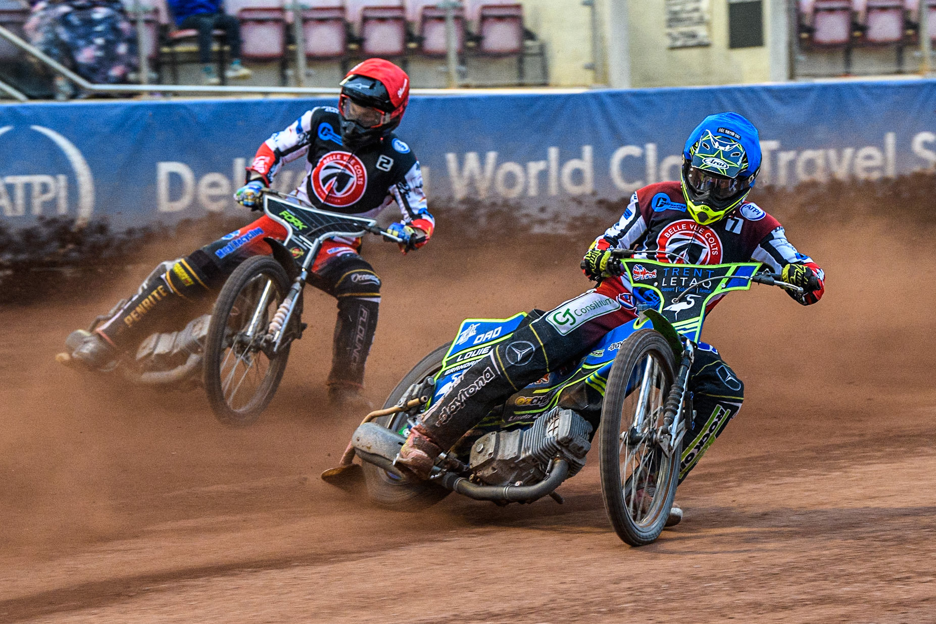 Luke Muff (Blue) leads team mate Matt Marson (Red) during the National Development League match between Belle Vue Colts and Edinburgh Monarchs Academy at the National Speedway Stadium, Manchester on Friday 21st July 2023. (Photo: Ian Charles | MI News)