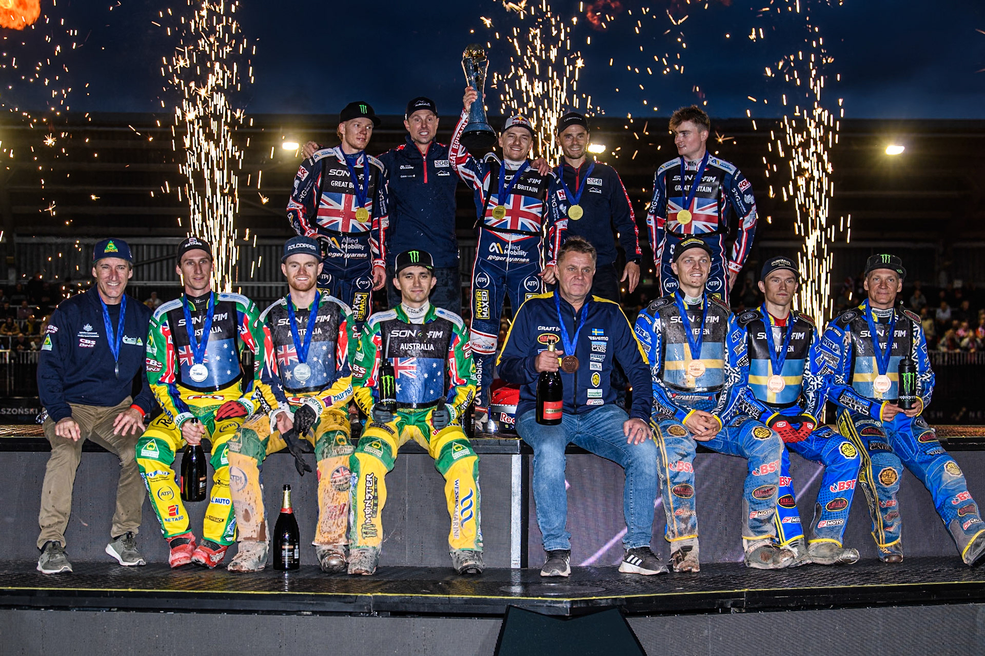 The top three teams: Rear: GREAT BRITAIN, Front: AUSTRALIA (Left) and SWEDEN (Right) during the Monster Energy FIM Speedway of Nation Final at the National Speedway Stadium, Manchester on Saturday 13th July 2024. (Photo: Ian Charles | MI News)