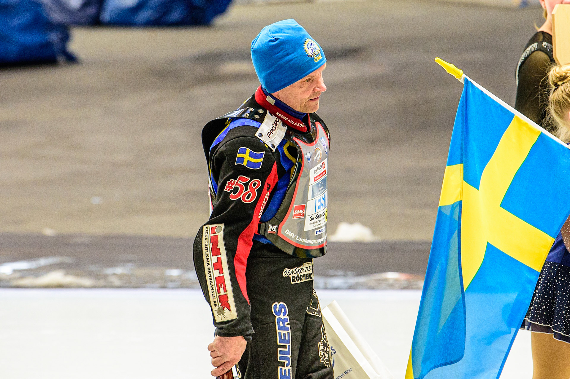 Stefan Svensson (58) on the pre match parade during the Ice Speedway Gladiators World Championship Final 1 at Max-Aicher-Arena, Inzell, Germany on Saturday 18th March 2023. (Photo: Ian Charles | MI News)
