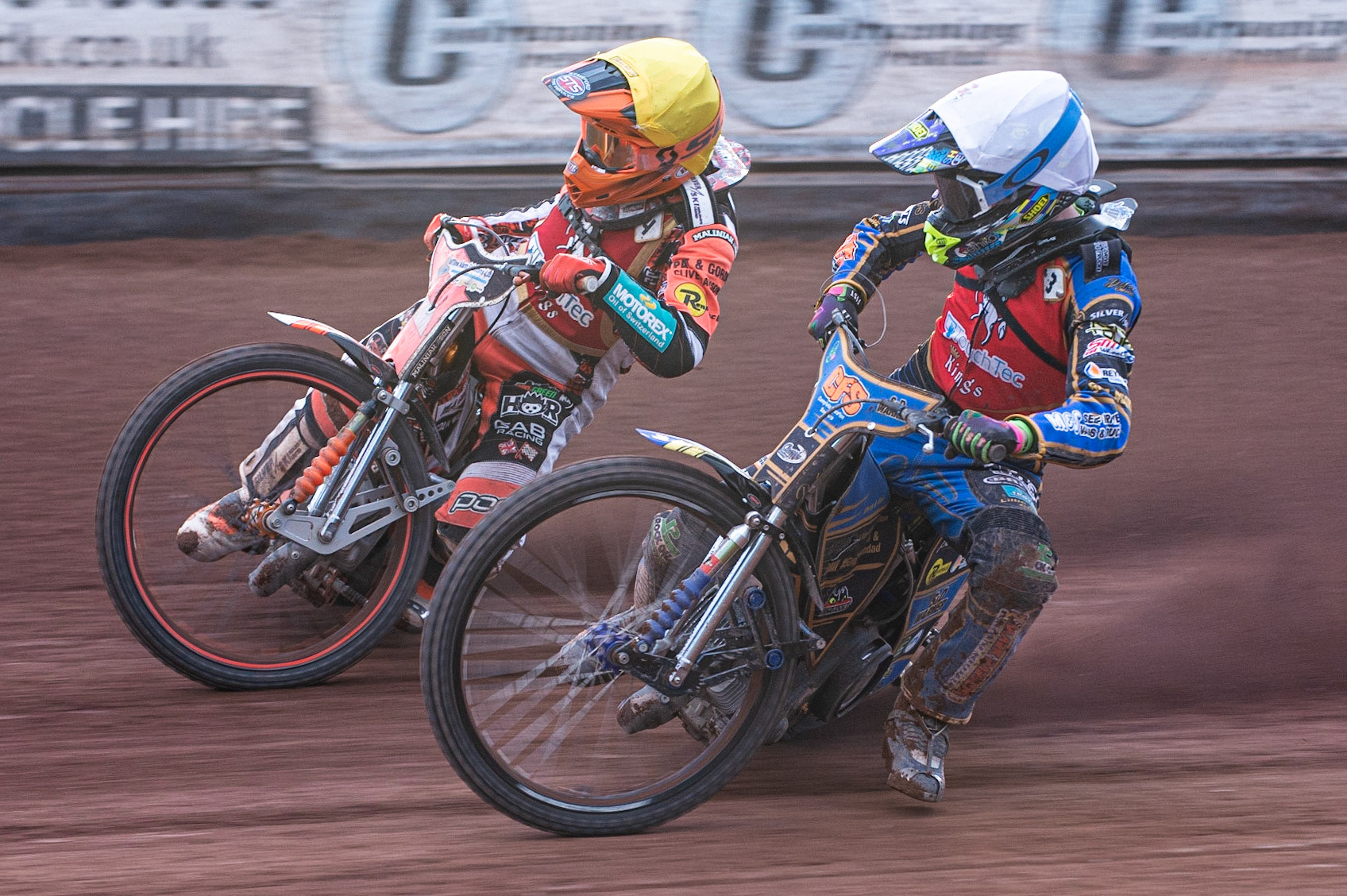 Photo: Ian Charles

Anders Rowe  (White) and Jordan Jenkins (Yellow) in action

Belle Vue Colts v Kent Kings, SGB National League KO Cup Quarter Final 1st Leg, Belle Vue National Speedway Stadium, Manchester, Thursday 20  June  2019