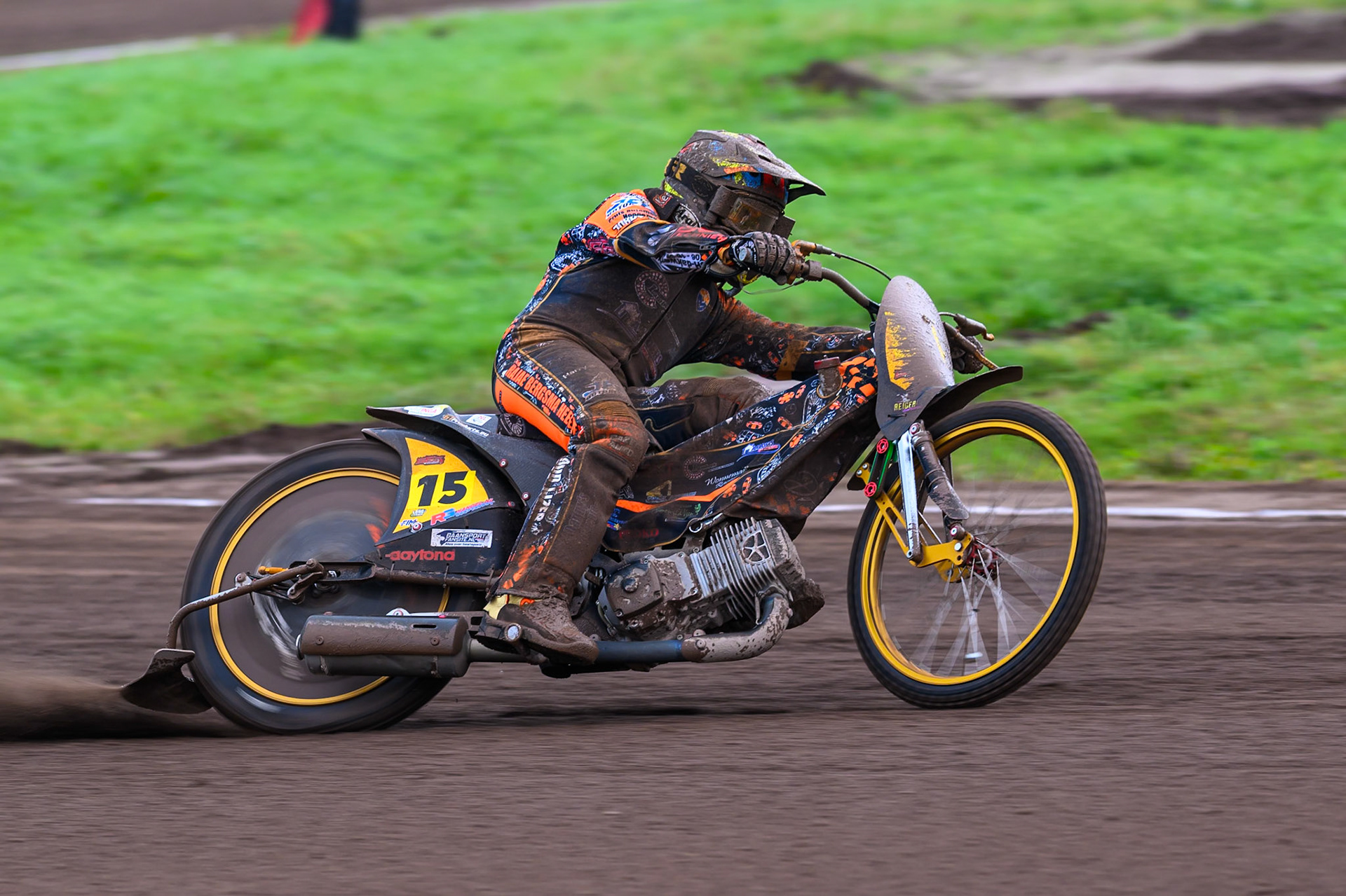 Wild Card Rider Romano Hummel (15) of The Netherlands practices during the FIM Long Track World Championship Final 4, at the Speed Centre Roden, Netherlands on Sunday 21st September 2025. (Photo: Ian Charles | MI News)