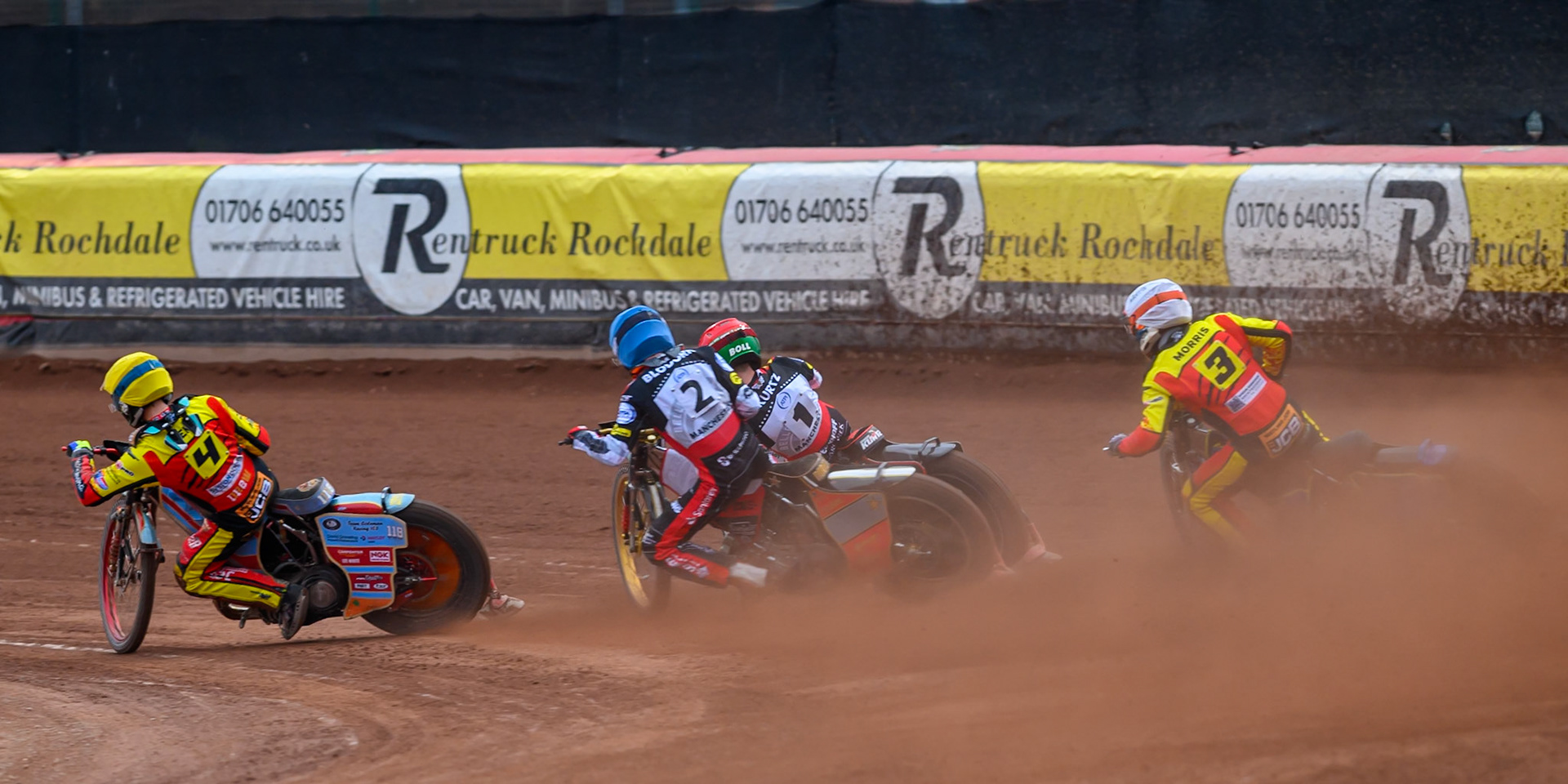 Drew Kemp of Leicester Lions in Yellow rides inside Norick Blödorn of Belle Vue Aces in Blue Brady Kurtz of Belle Vue Aces in Red and Nick Morris of Leicester Lions in White during the Rowe Motor Oil Premiership match between Belle Vue Aces and Leicester Lions at the National Speedway Stadium, Manchester on Monday 15th June 2026. (Photo: Ian Charles | MI News)