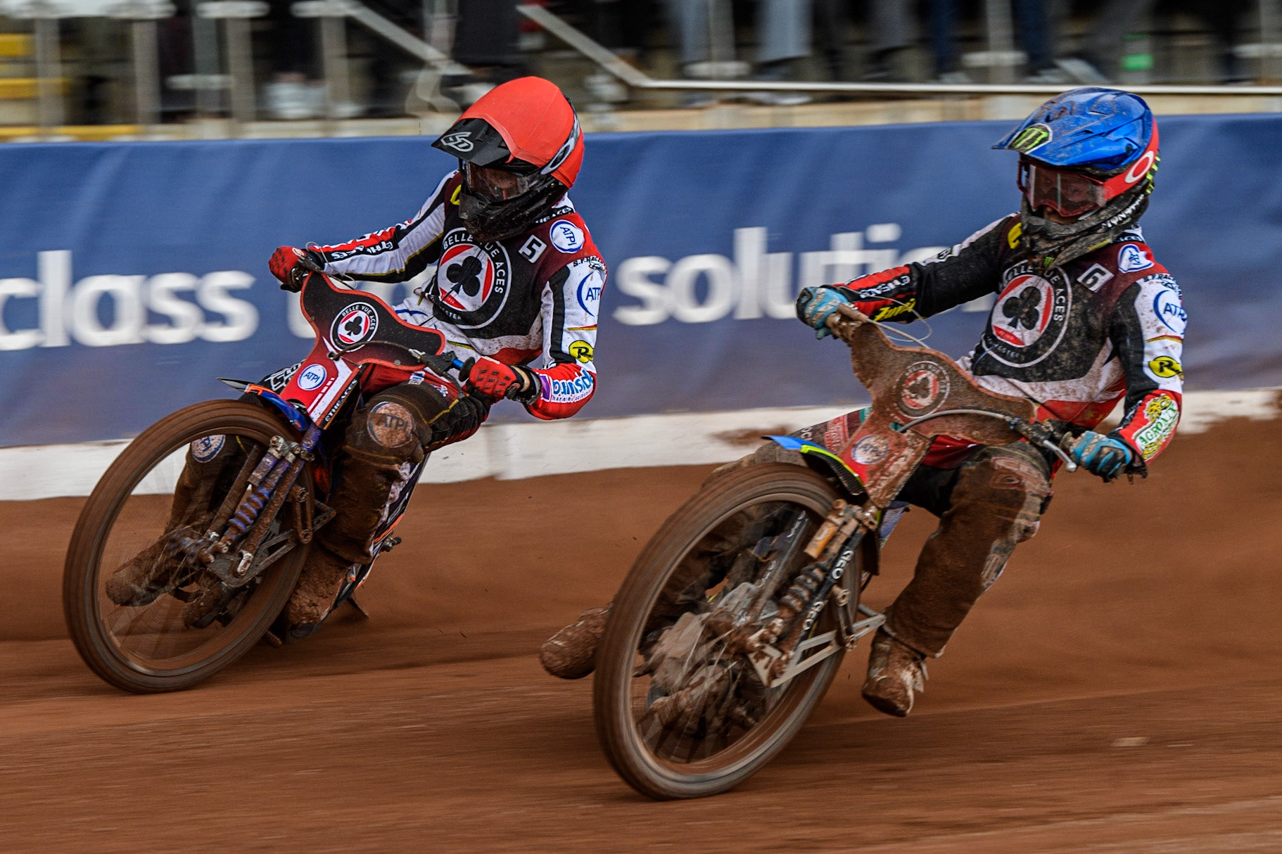 Jaimon Lidsey  (Blue) inside Brady Kurtz  (Red) during the SGB Premiership match between Belle Vue Aces and Leicester Lions at the National Speedway Stadium, Manchester on Monday 1st May 2023. (Photo: Ian Charles | MI News)