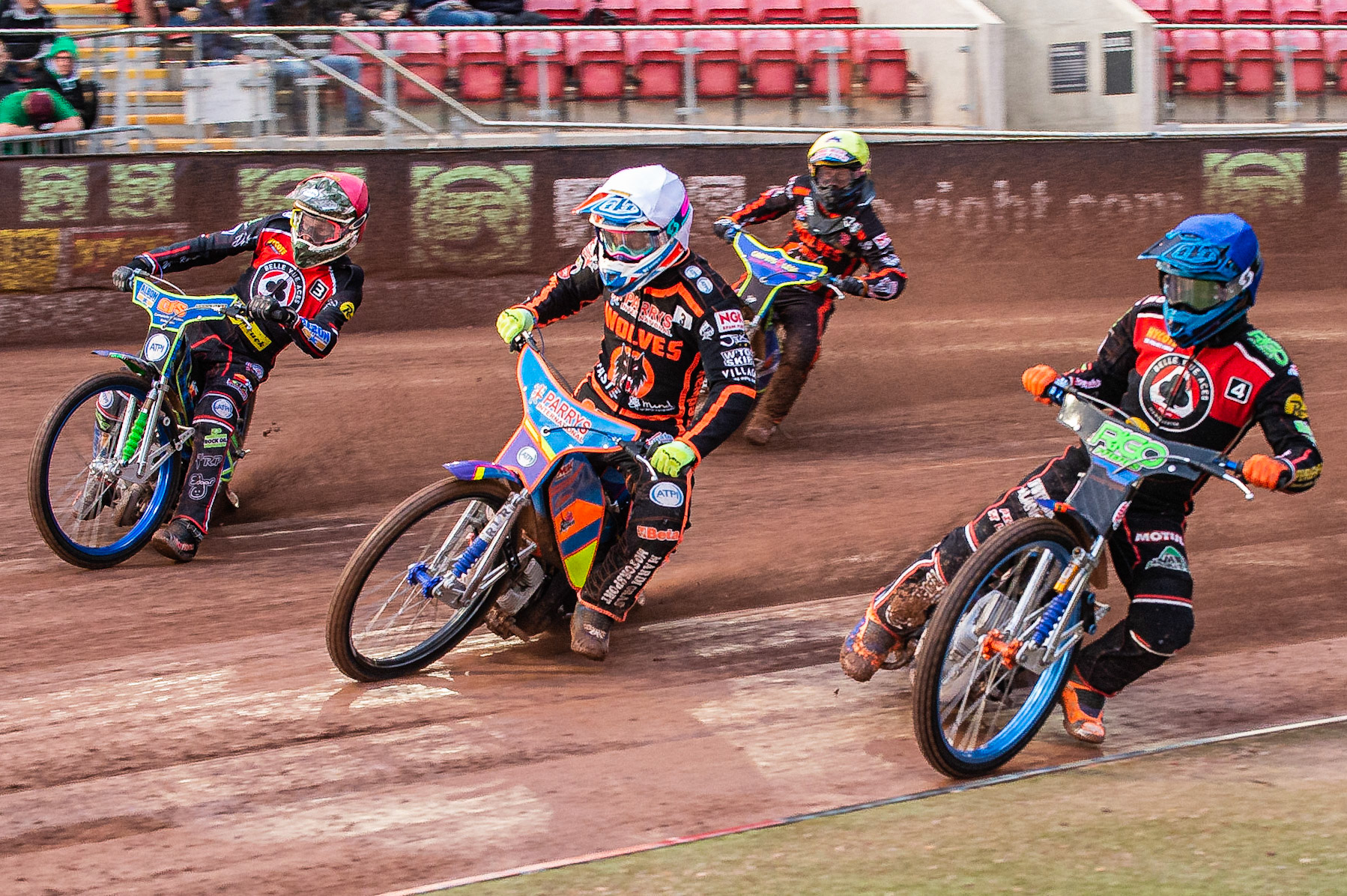 Photo by Ian Charles:

Dimitri Bergé  (Blue) inside Rory Schlein  (White) and Dan Bewley  (Red) with Nick Morris  (Yellow) behind

Belle Vue Aces v Wolverhampton Wolves, SGB Premiership, National Speedway Stadium, Manchester, Monday, 19, August, 2019