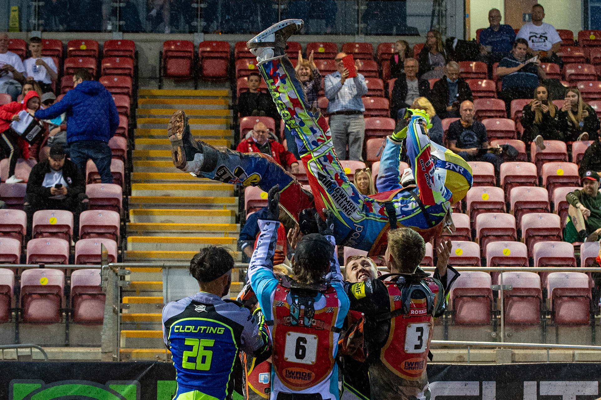 MANCHESTER, UK. JULY 2ND  Jake Mulford  gets the bumps from his team mates after scoring a maximum points during the National Development League match between Belle Vue Colts and Kent Royals at the National Speedway Stadium, Manchester on Friday 2nd July 2021. (Credit: Ian Charles | MI News)