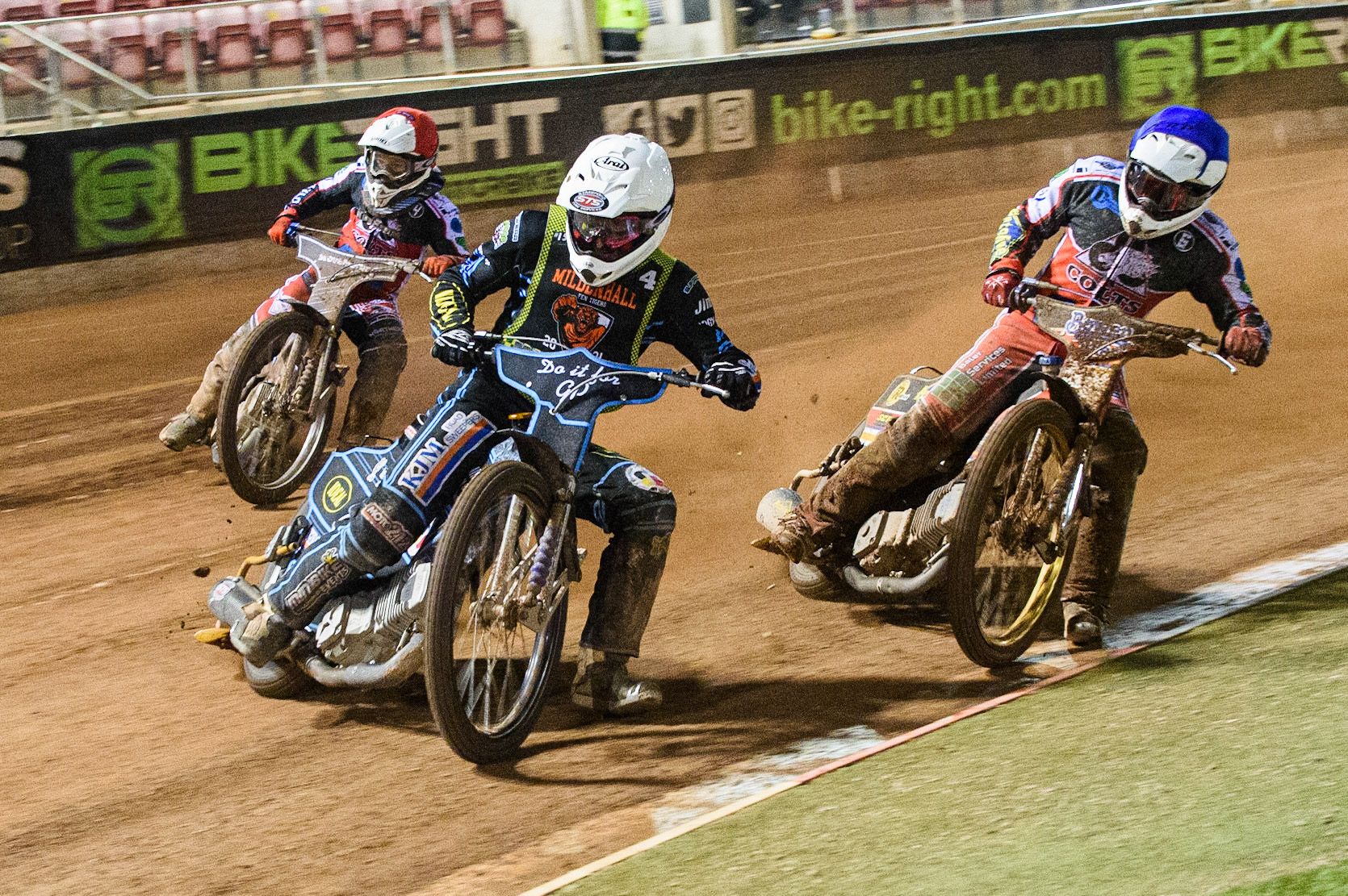 MANCHESTER, SEPT 3RD. Luke Ruddick  (White) leads Paul Bowen  (Blue) and Sam McGurk  (Red) during the National Development League match between Belle Vue Aces and Mildenhall Fens Tigers at the National Speedway Stadium, Manchester on Friday 3rd September 2021. (Credit: Ian Charles | MI News)