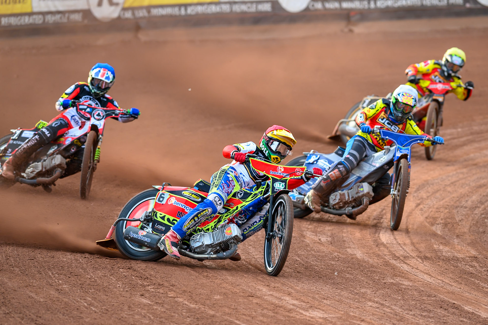Mitch McDiarmid, Guest Rider for Belle Vue Aces in Red leading Jonas Jeppesen Guest rider for Leicester Lions in White , William Cairns of Belle Vue Aces in Blue  and Joe Thompson of Leicester Lions in Yellow during the Rowe Motor Oil Premiership match between Belle Vue Aces and Leicester Lions at the National Speedway Stadium, Manchester on Monday 3rd August 2026. (Photo: Ian Charles | MI News)