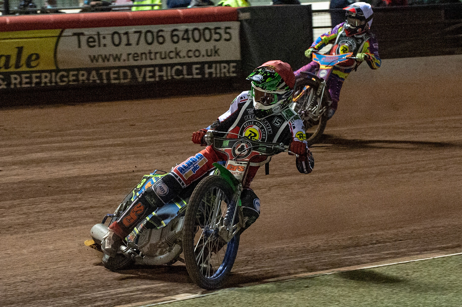 Photo: Ian CharlesDan Bewley (Red) leads Rory Schlein (White)Peter Craven Memorial Trophy, National Speedway Stadium, Manchester Thursday  22  October  2020