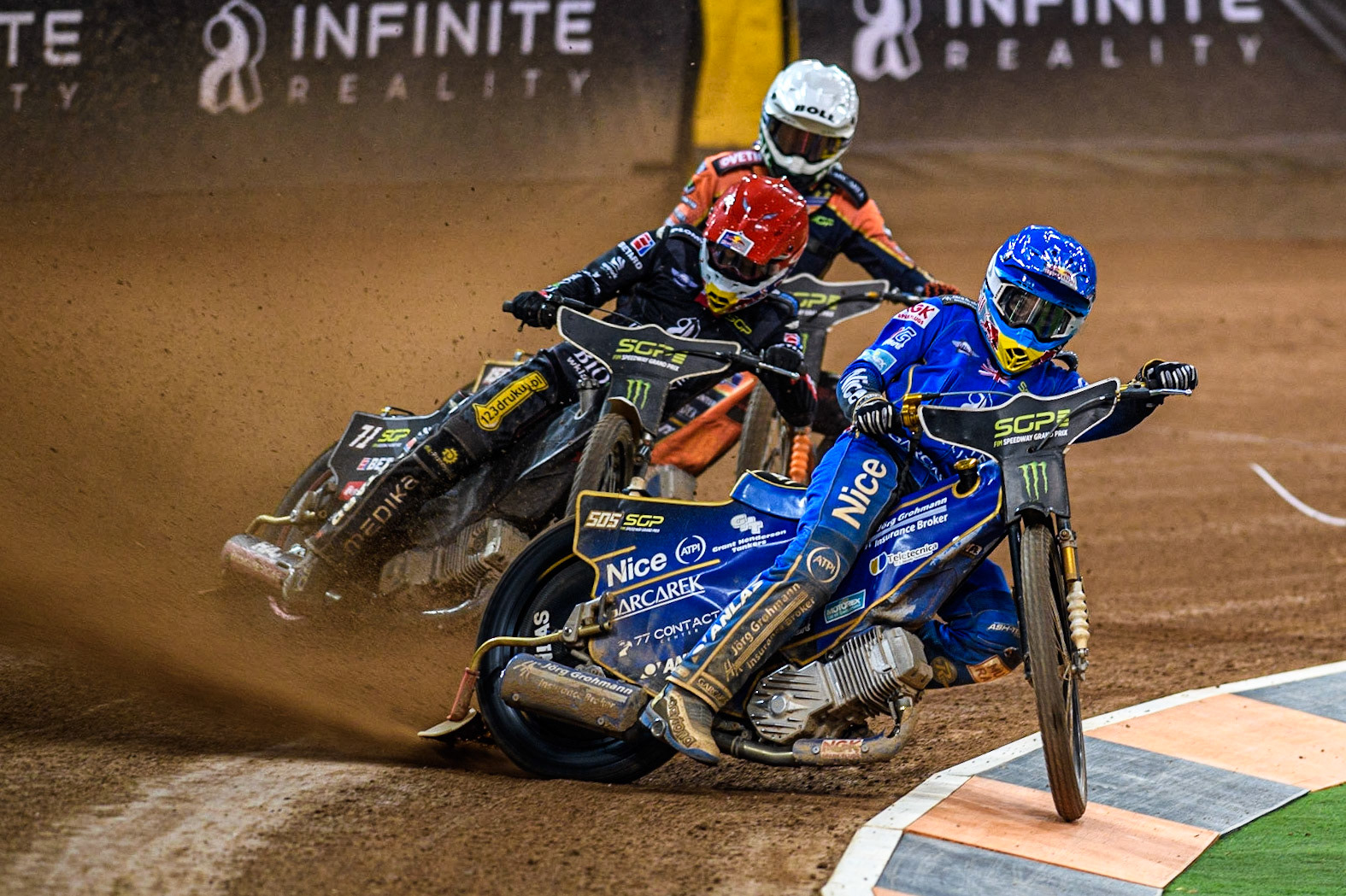 Robert Lambert (505) (Blue) leads  Maciej Janowski (71) (Red) and Mikkel Michelsen (155) (White) during the FIM Speedway Grand Prix of Great Britain at the Principality Stadium, Cardiff on Saturday 2nd September 2023. (Photo: Ian Charles | MI News)