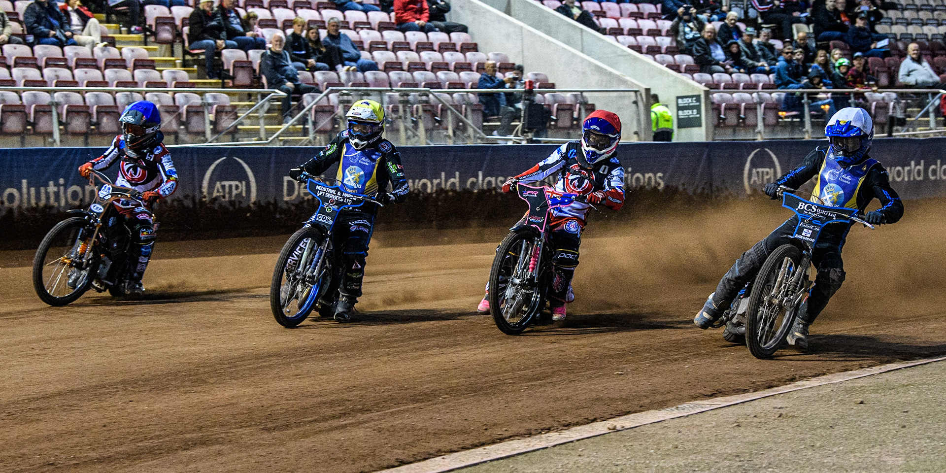 (l - r) Jack Smith (Blue), Max Clegg (Yellow), James Pearson (Red) and Ashton Boughen (White) during the National Development League match between Belle Vue Colts and Edinburgh Monarchs Academy at the National Speedway Stadium, Manchester on Friday 21st July 2023. (Photo: Ian Charles | MI News)