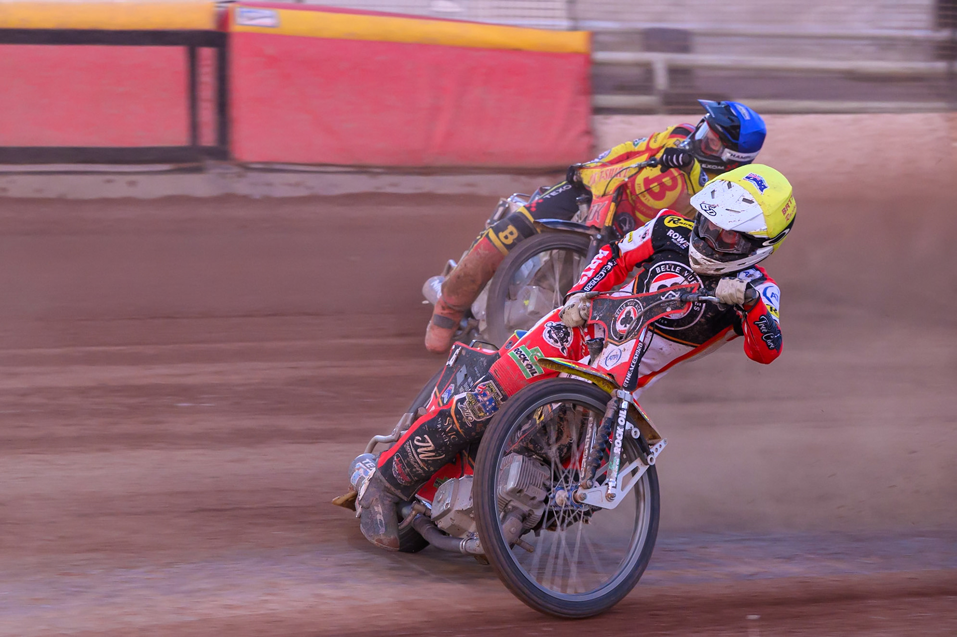 Belle Vue Aces' Tate Zischke  in Yellow leading Birmingham Brummies' Tobias Musielak  in Blue during the Rowe Motor Oil Premiership match between Birmingham Brummies and Belle Vue Aces at Perry Barr Stadium, Birmingham on Monday 28th July 2025. (Photo: Ian Charles | MI News)