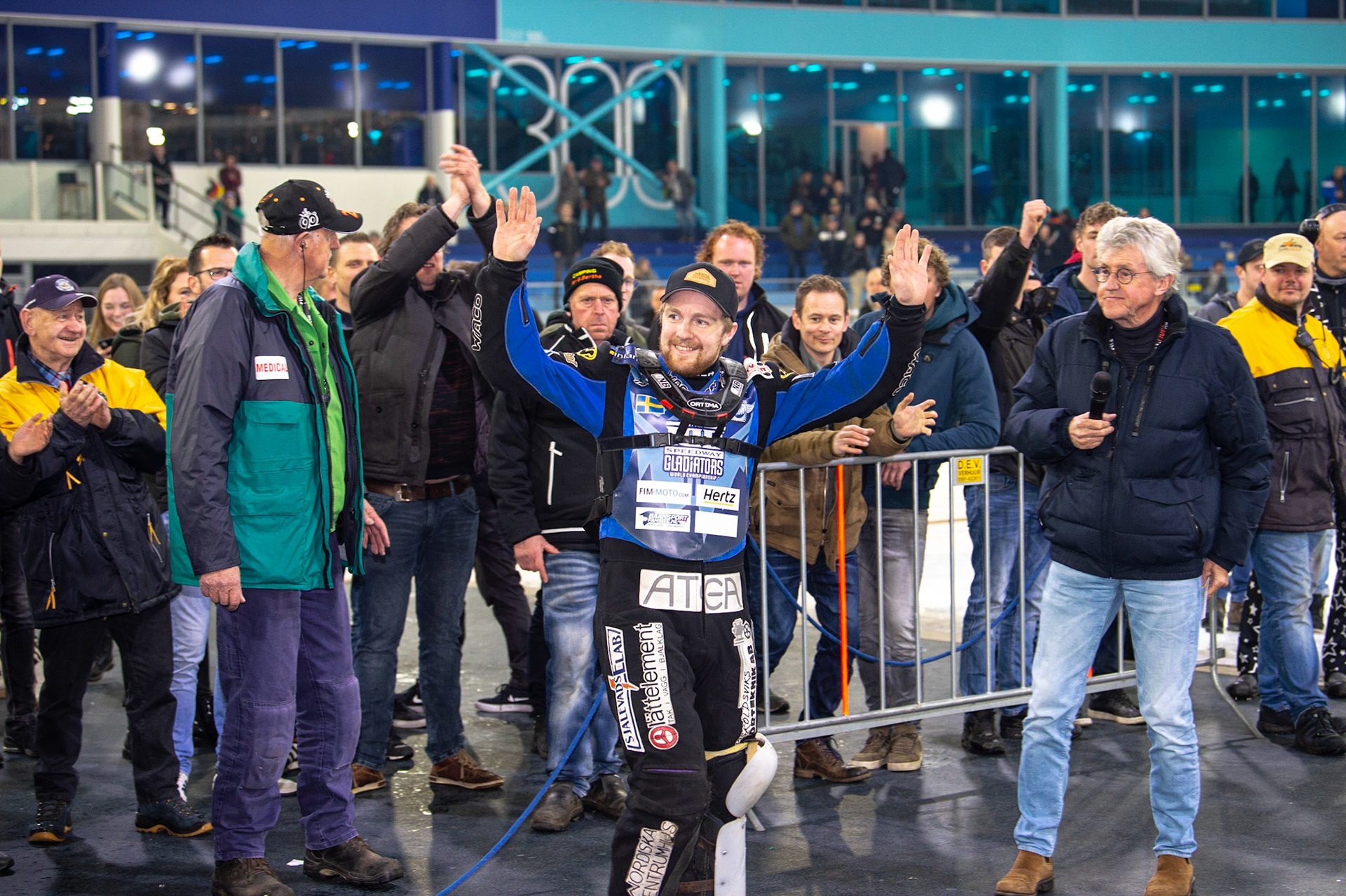 HEERENVEEN, NL. Winner of Final 3 Martin Hååruhiltunen (199)  during the FIM Ice Speedway Gladiators World Championship Final 3 at Ice Rink Thialf, Heerenveen on Saturday  2 April 2022. (Credit: Ian Charles | MI News)